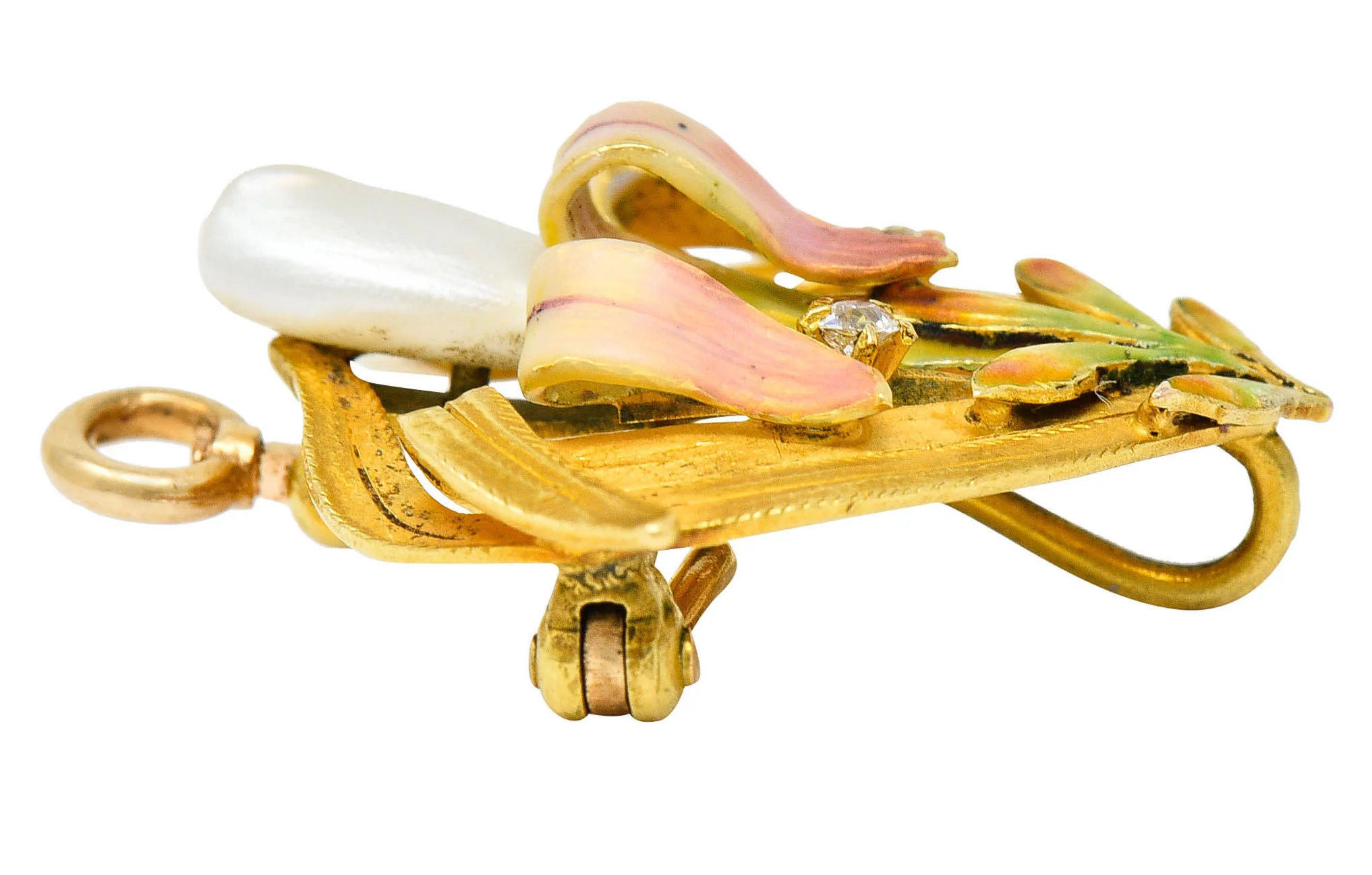 Krementz Art Nouveau Enamel Pearl 14 Karat Gold Water Lily Flower Pendant Brooch - Image 8