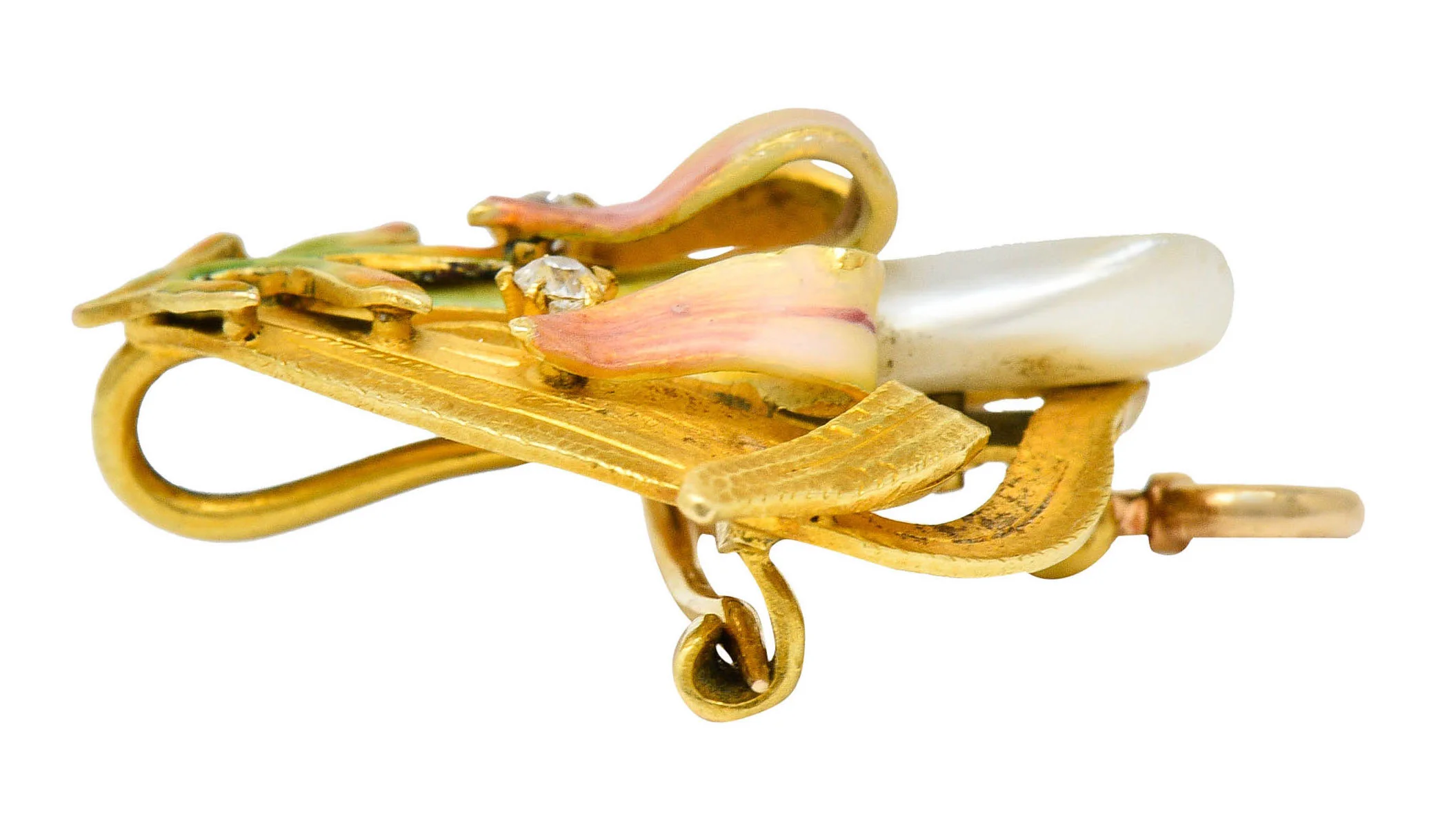 Krementz Art Nouveau Enamel Pearl 14 Karat Gold Water Lily Flower Pendant Brooch - Image 9