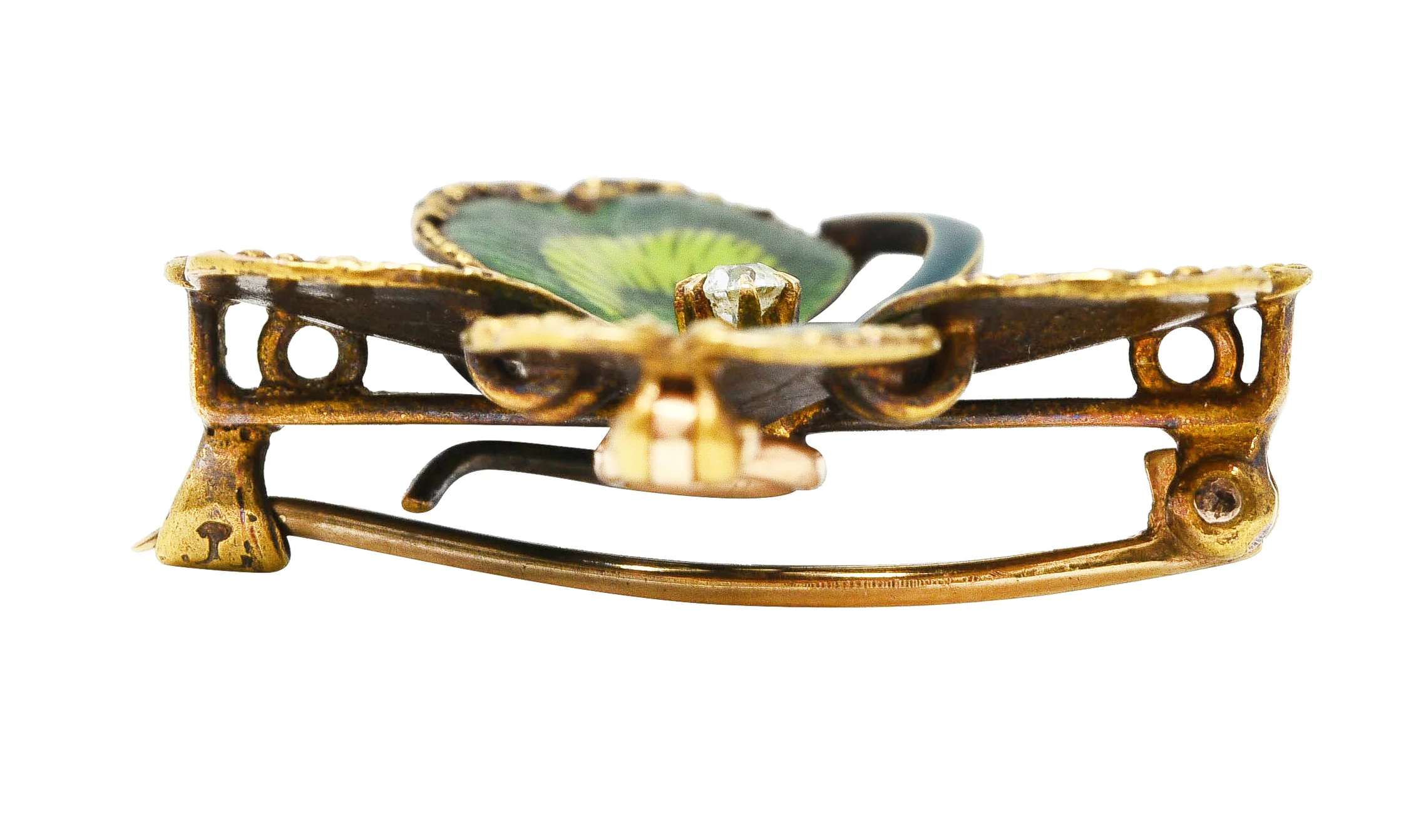 Krementz Art Nouveau Old European Cut Diamond Basse-Taille Enamel 14 Karat Yellow Gold Four Leaf Clover Pendant Brooch - Image 10