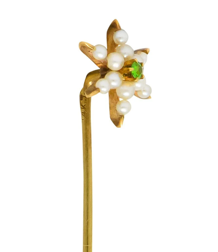 Krementz Art Nouveau Pearl Demantoid Garnet 14 Karat Gold Star Stickpin - Image 4