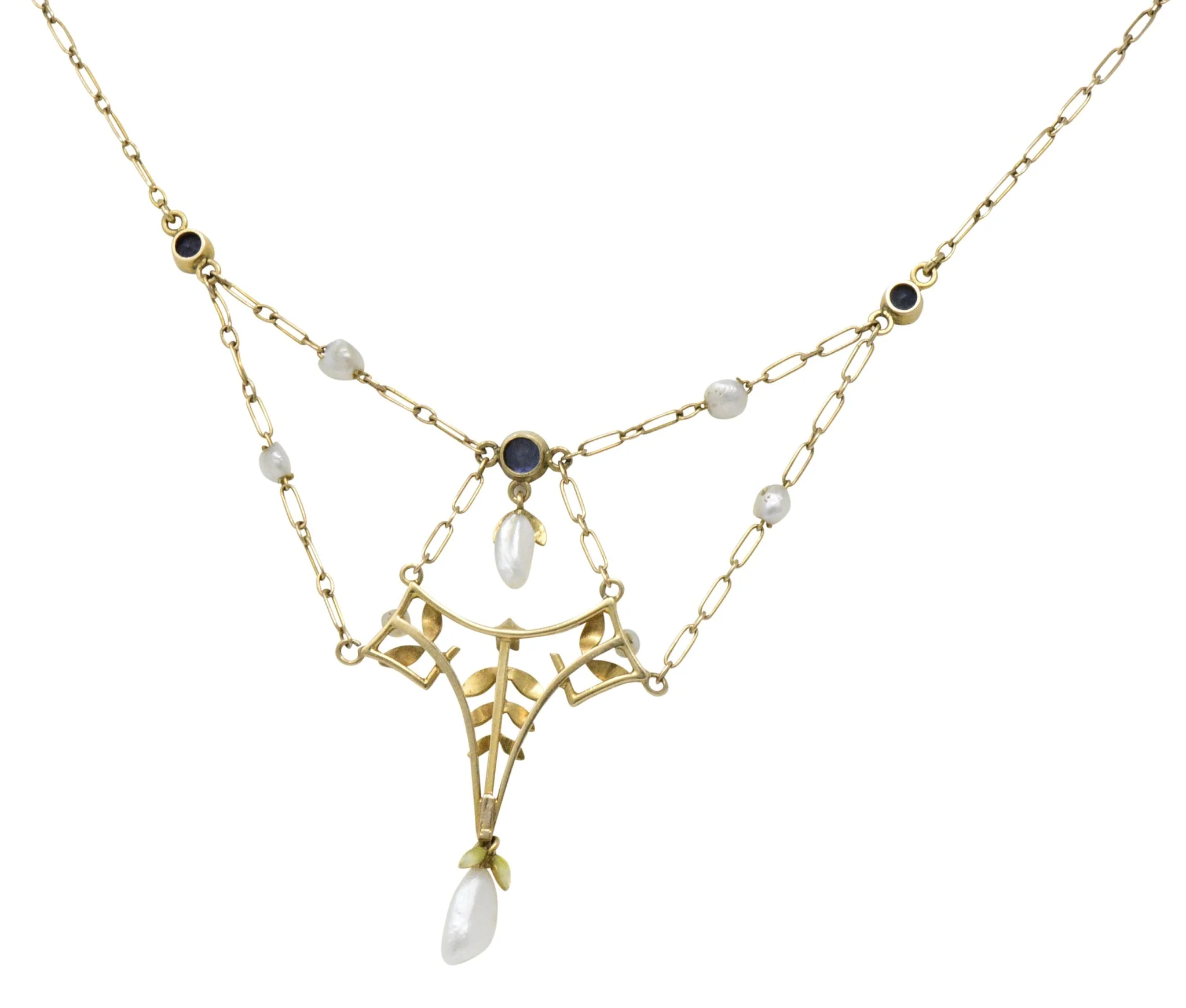 Krementz Art Nouveau Sapphire Enamel Pearl 14 Karat Gold Swag Necklace - Image 2