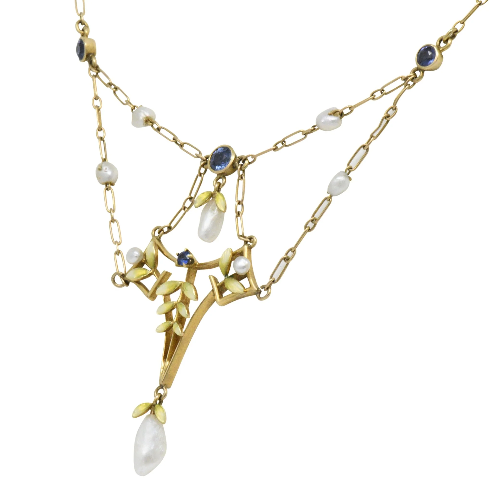 Krementz Art Nouveau Sapphire Enamel Pearl 14 Karat Gold Swag Necklace - Image 3