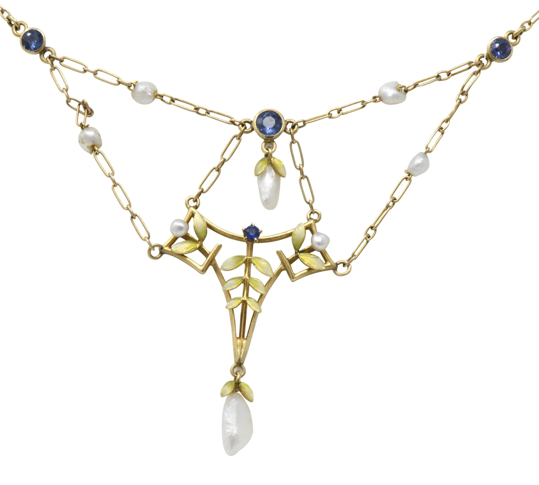 Krementz Art Nouveau Sapphire Enamel Pearl 14 Karat Gold Swag Necklace - Image 6