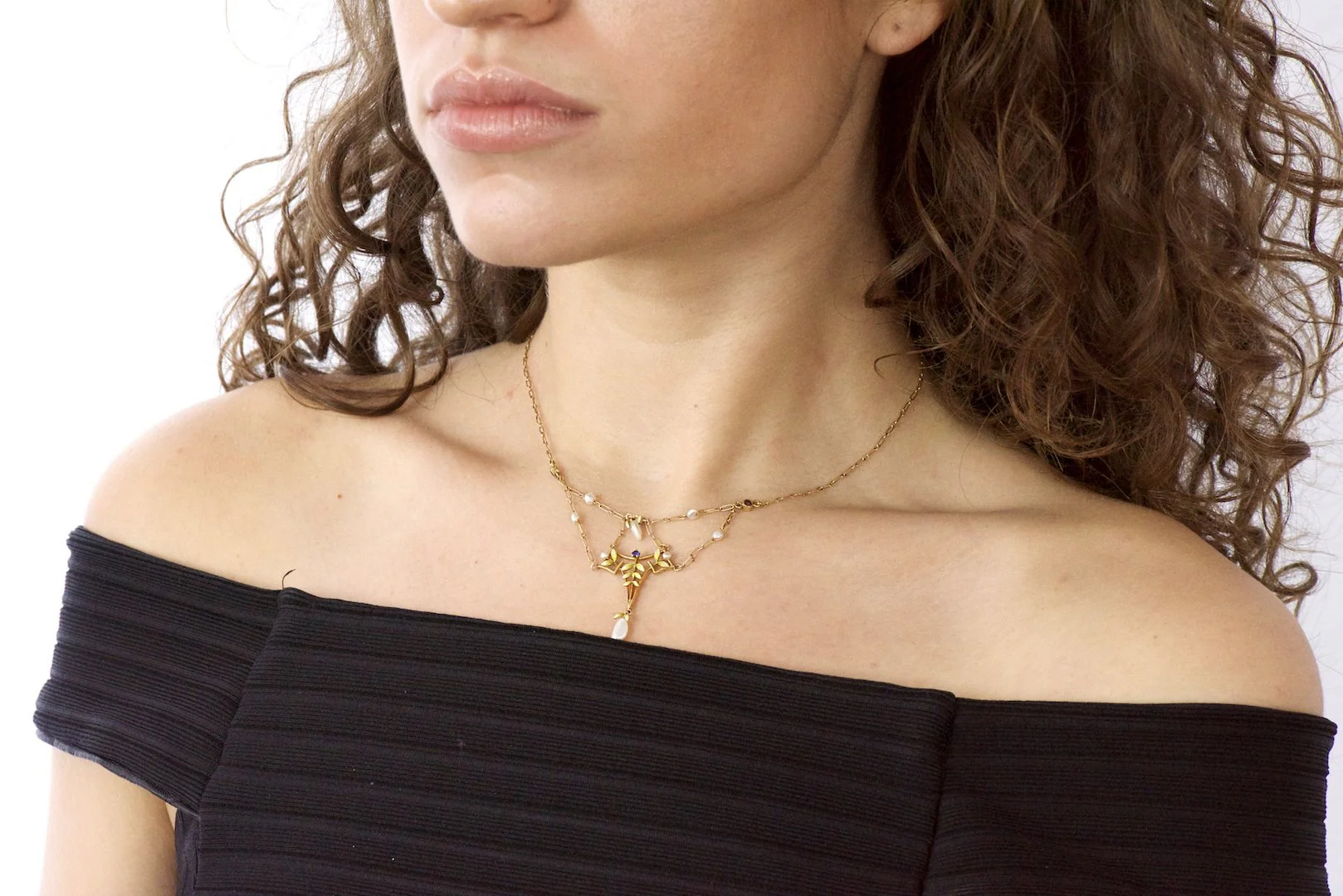 Krementz Art Nouveau Sapphire Enamel Pearl 14 Karat Gold Swag Necklace - Image 7