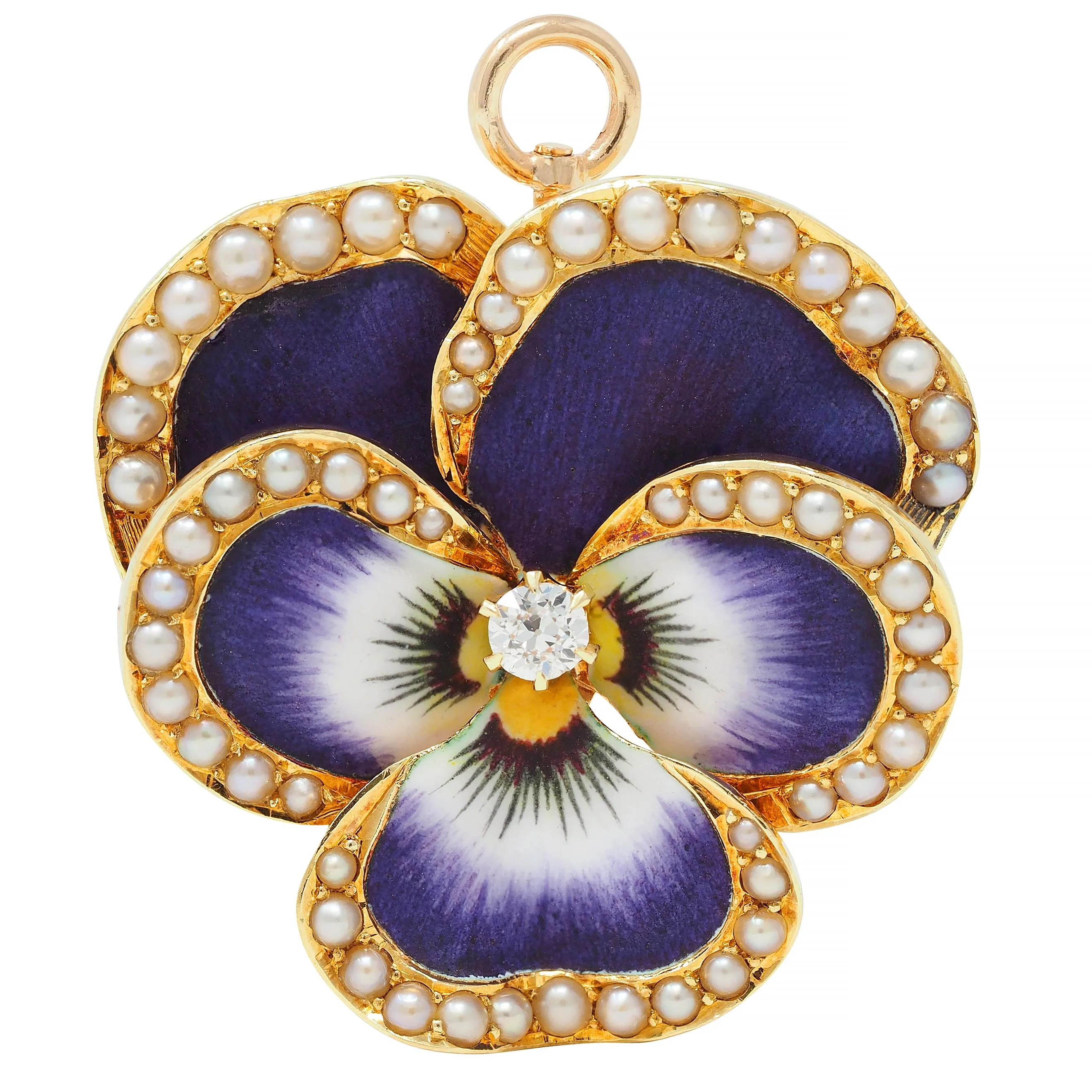 Krementz & Co. Art Nouveau Diamond Enamel 14 Karat Gold Pansy Flower Antique Pendant Brooch - Image 2