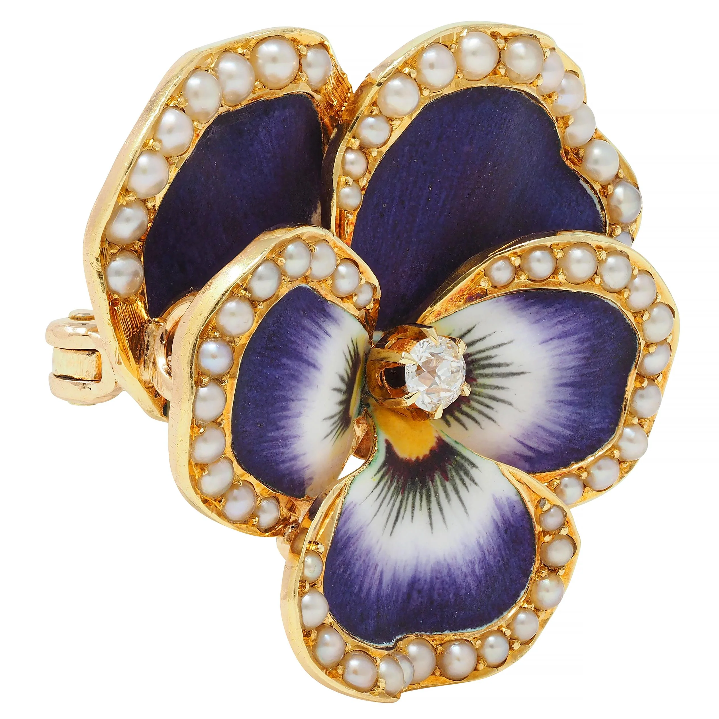 Krementz & Co. Art Nouveau Diamond Enamel 14 Karat Gold Pansy Flower Antique Pendant Brooch - Image 3