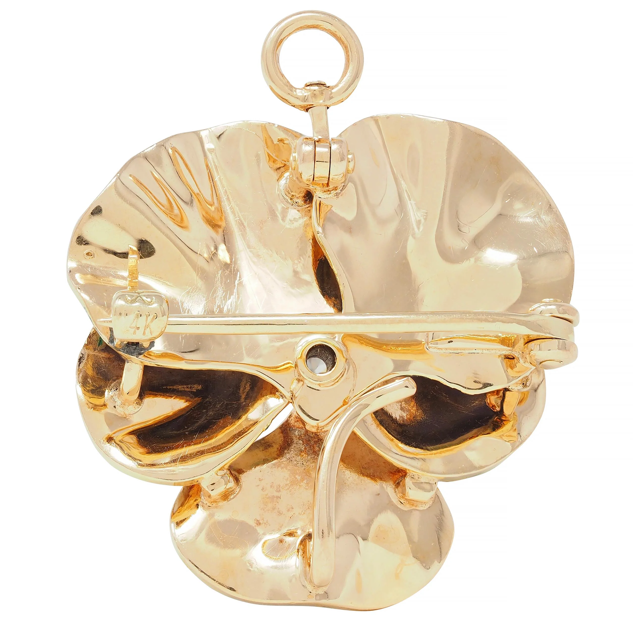 Krementz & Co. Art Nouveau Diamond Enamel 14 Karat Gold Pansy Flower Antique Pendant Brooch - Image 4