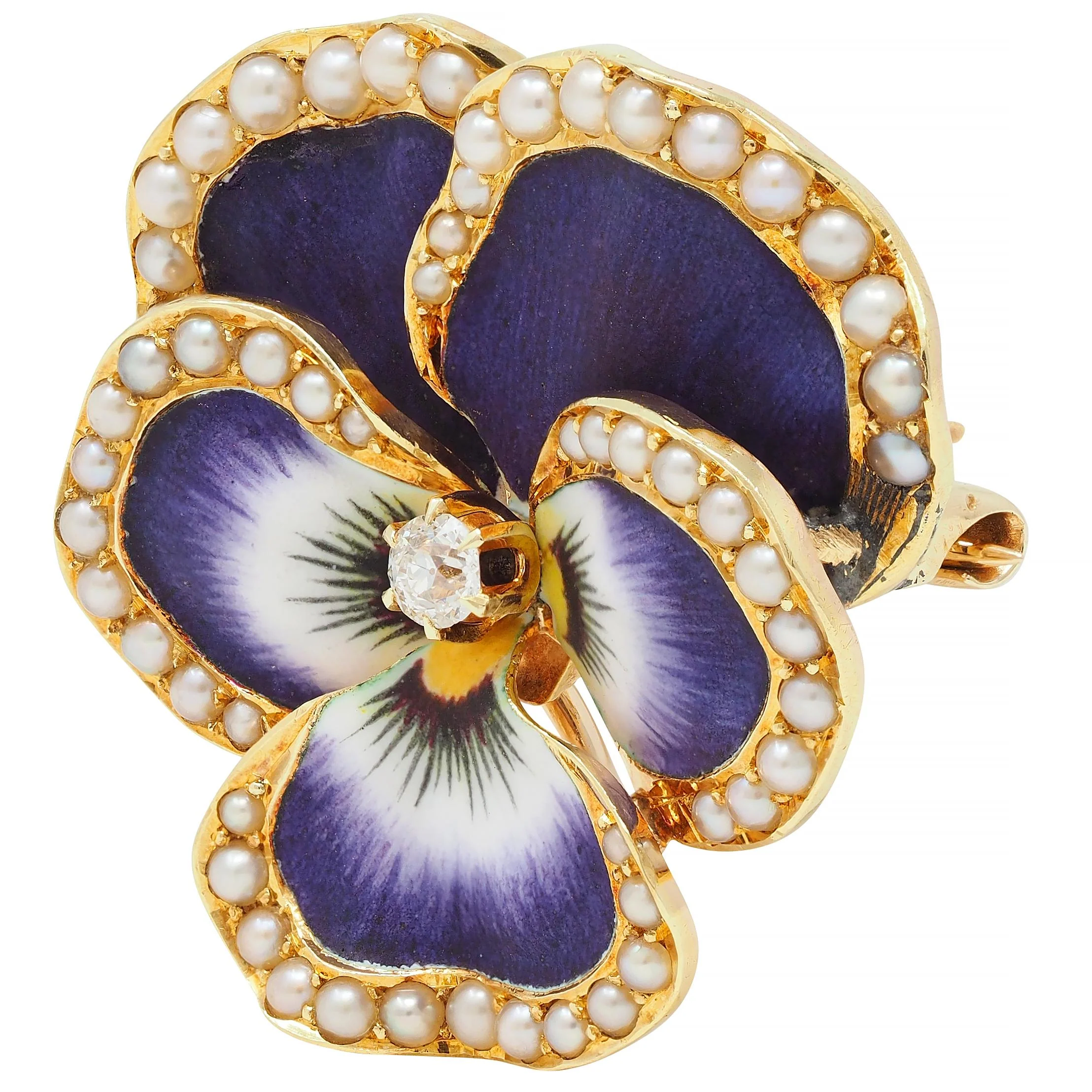 Krementz & Co. Art Nouveau Diamond Enamel 14 Karat Gold Pansy Flower Antique Pendant Brooch - Image 5