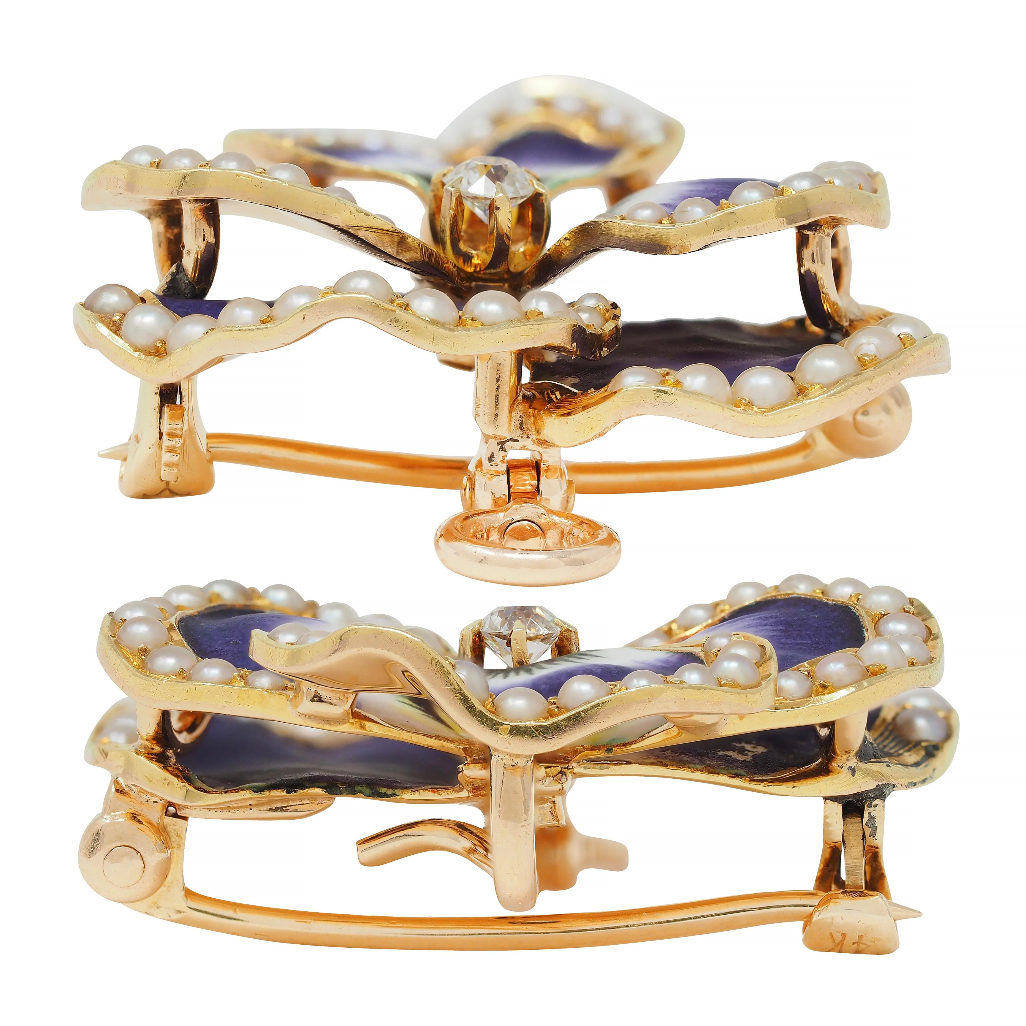 Krementz & Co. Art Nouveau Diamond Enamel 14 Karat Gold Pansy Flower Antique Pendant Brooch - Image 7