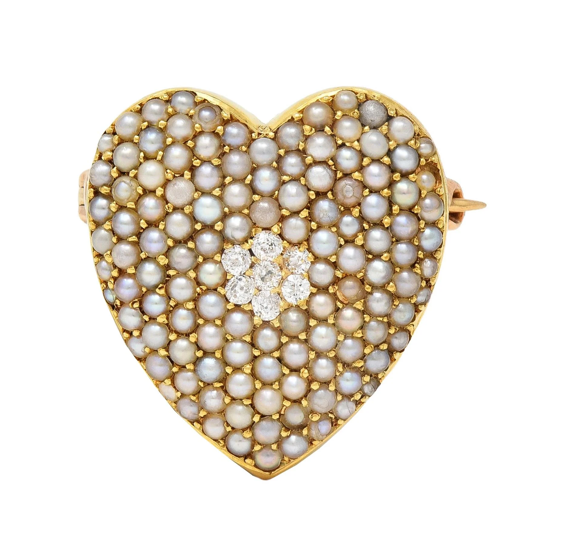 Krementz & Co. Victorian Diamond Pearl 14 Karat Yellow Gold Antique Puffy Heart Pendant Brooch - Image 3