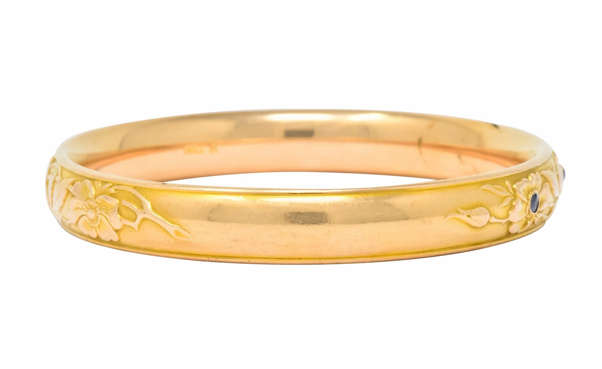 Krementz Diamond Sapphire 14 Karat Gold Engraved Floral Bangle Bracelet - Image 4