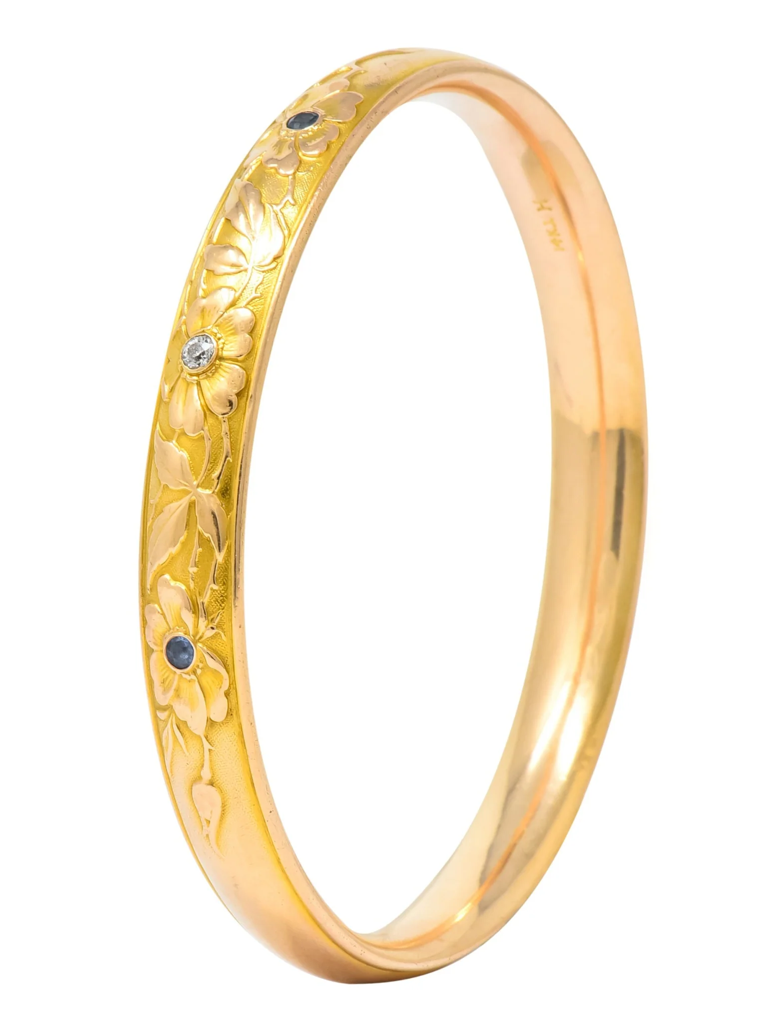 Krementz Diamond Sapphire 14 Karat Gold Engraved Floral Bangle Bracelet - Image 6