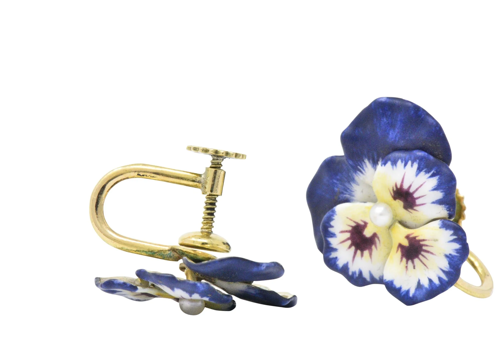 Krementz Enamel Seed Pearl And 14 Karat Gold Pansy Earrings - Image 6