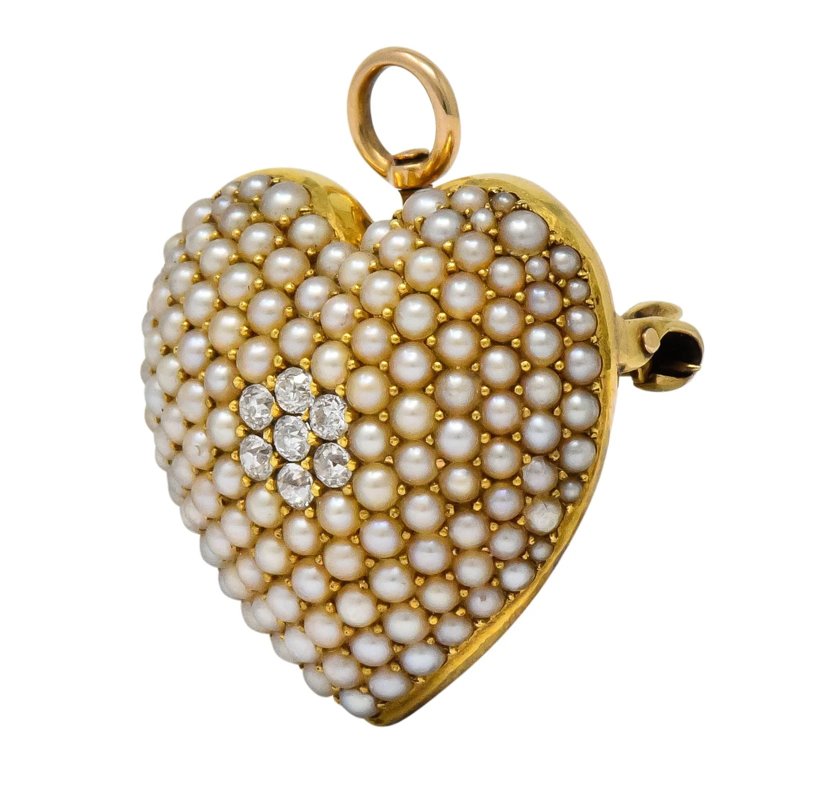 Krementz Late Victorian Diamond Seed Pearl 14 Karat Gold Heart Pendant Brooch - Image 2