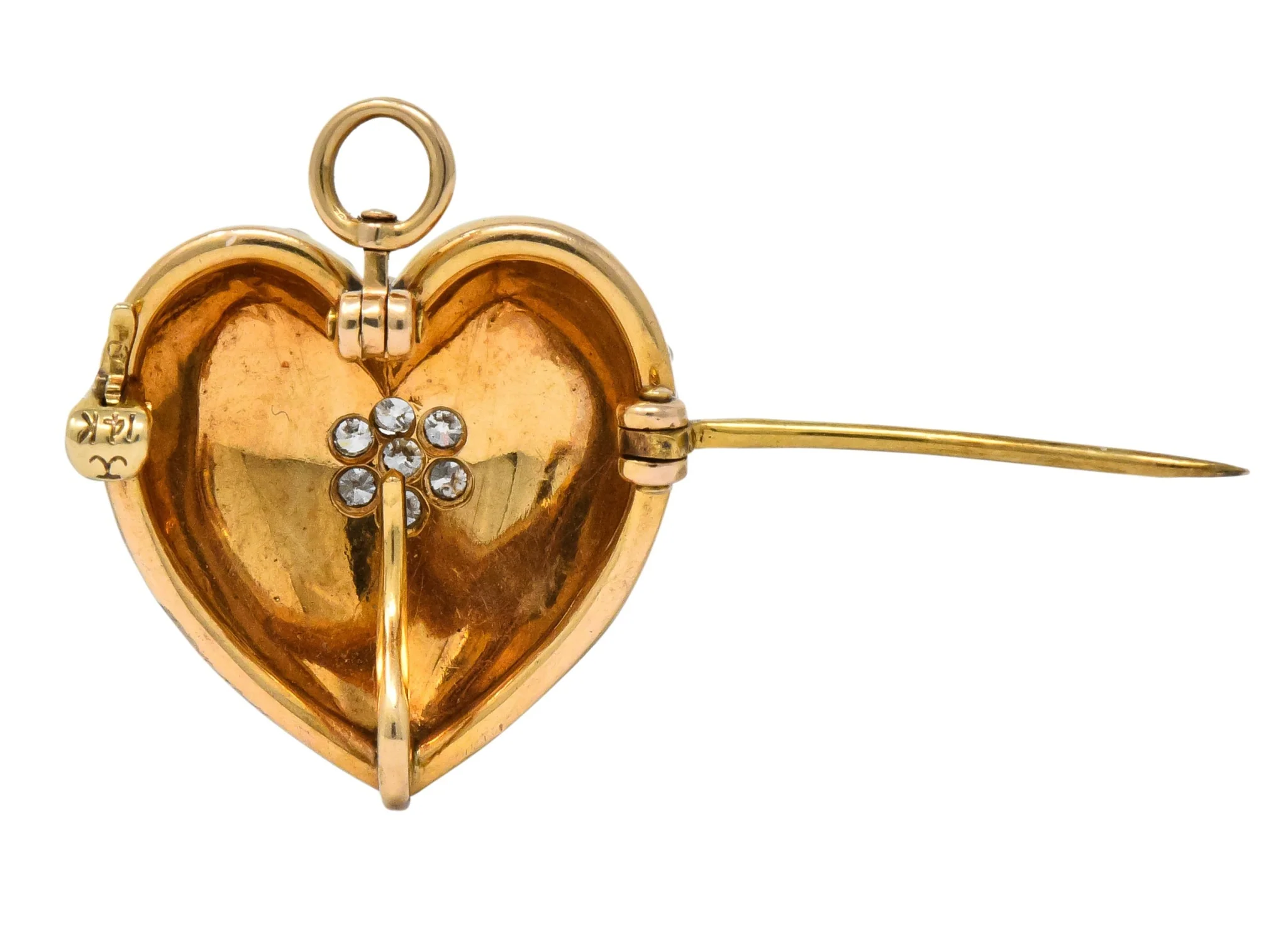 Krementz Late Victorian Diamond Seed Pearl 14 Karat Gold Heart Pendant Brooch - Image 5
