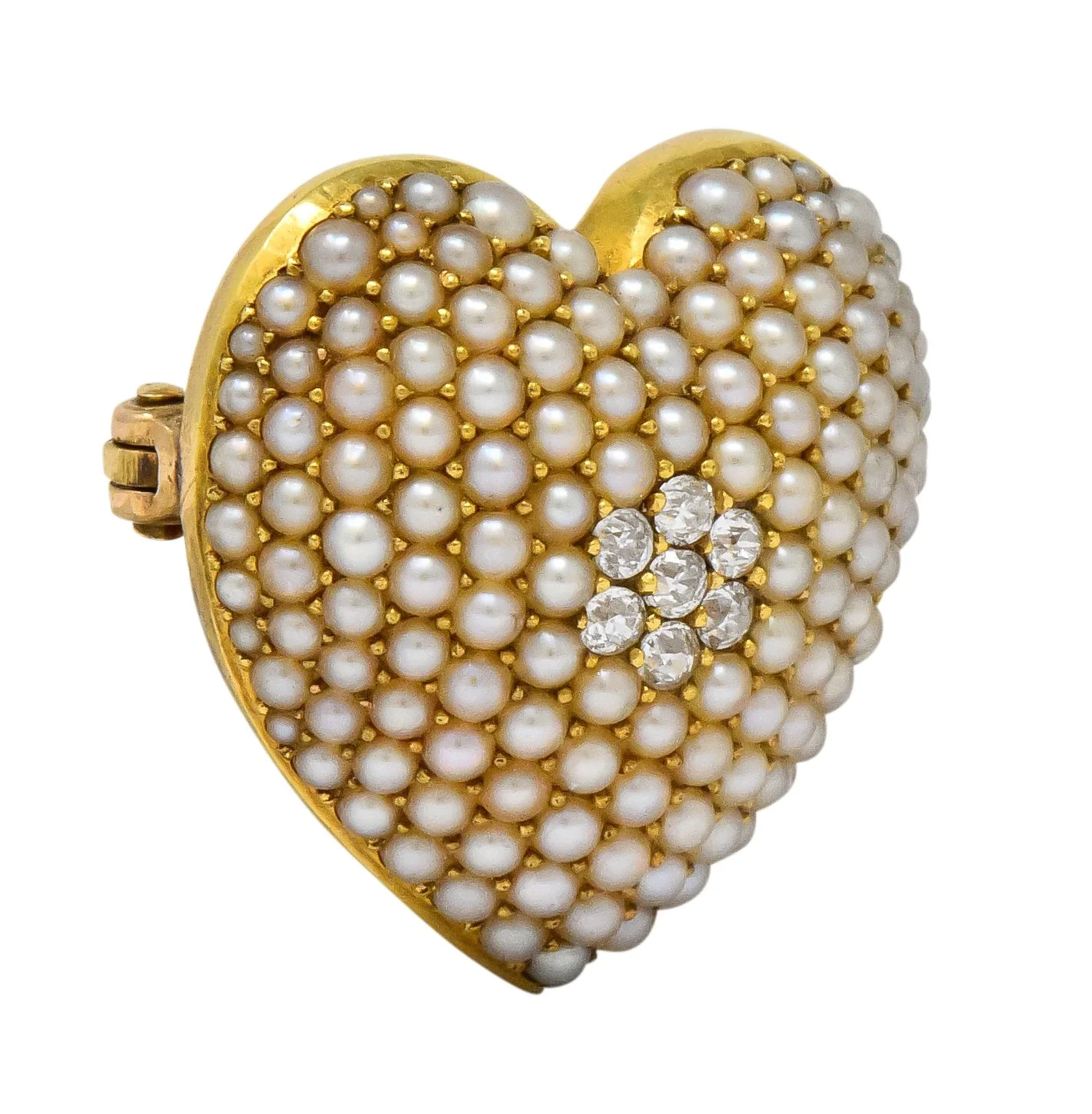 Krementz Late Victorian Diamond Seed Pearl 14 Karat Gold Heart Pendant Brooch - Image 8