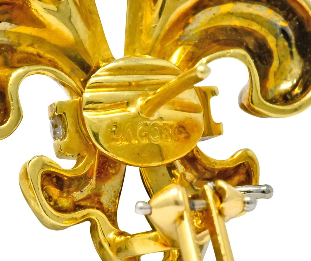 Lagos 1990's Vintage Diamond 18 Karat Gold Fleur-De-Lis Earrings - Image 7