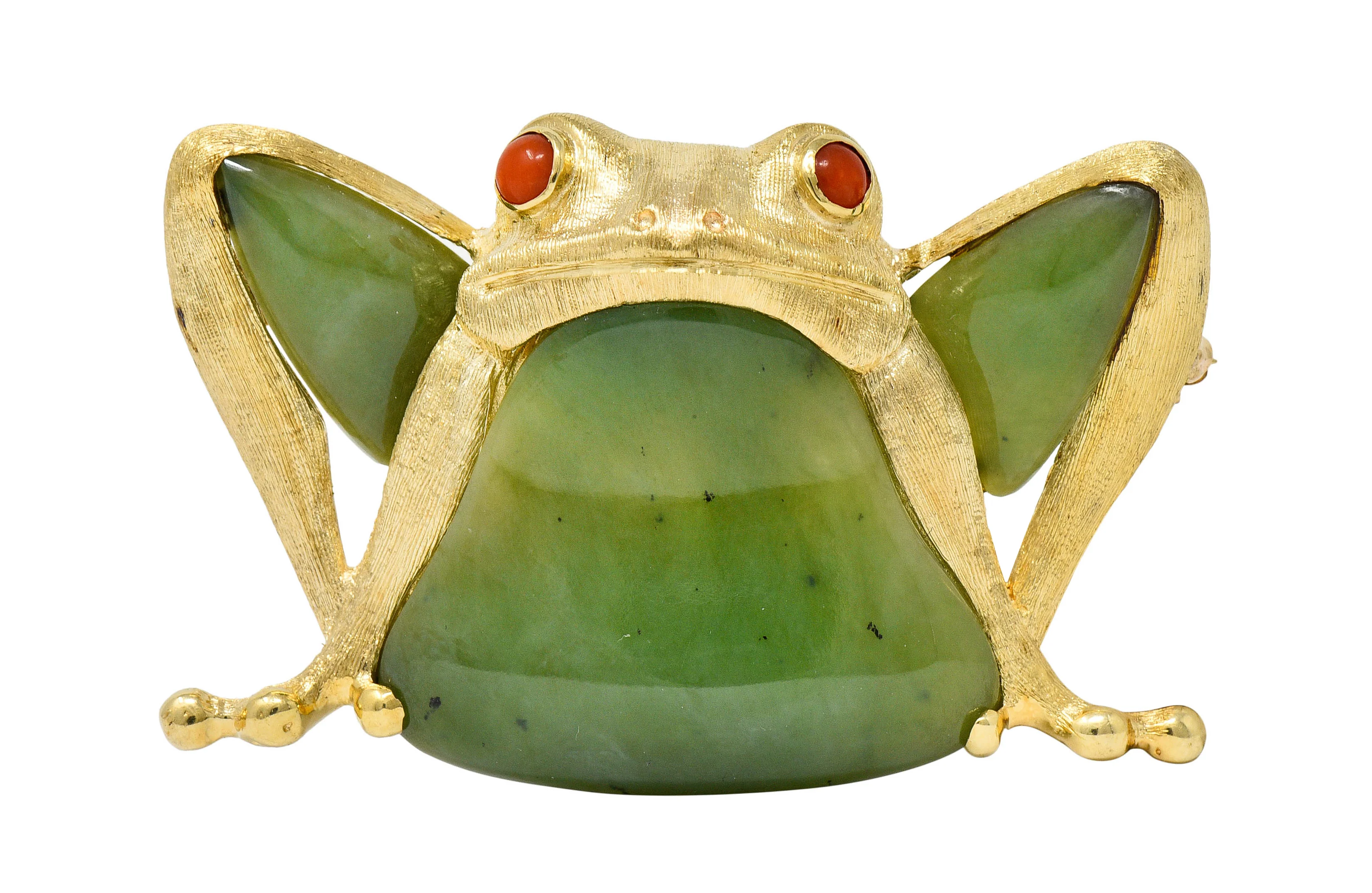 Large 1960's Vintage Jade Carnelian 14 Karat Gold Frog Brooch