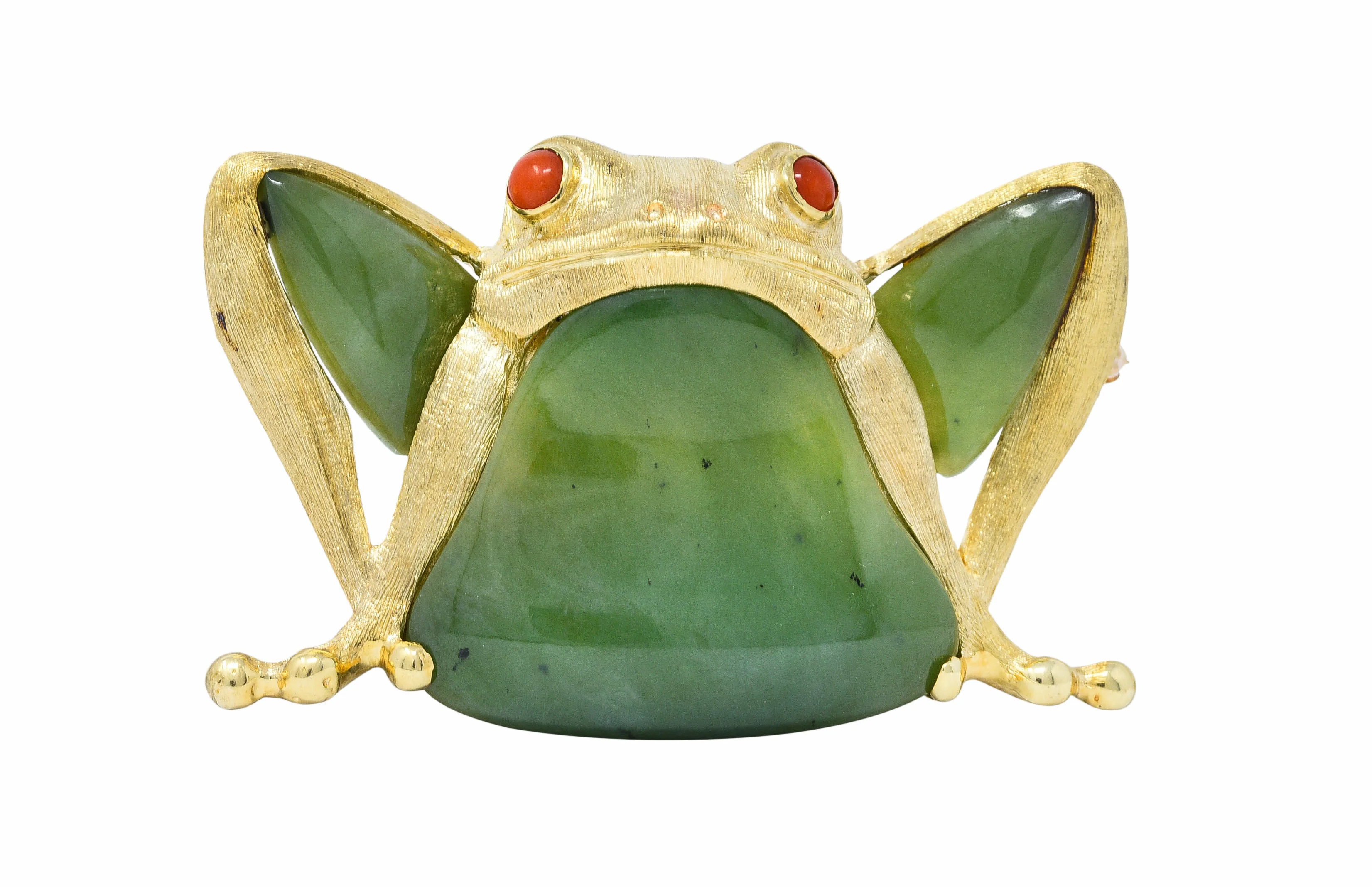 Large 1960's Vintage Jade Carnelian 14 Karat Gold Frog Brooch - Image 10