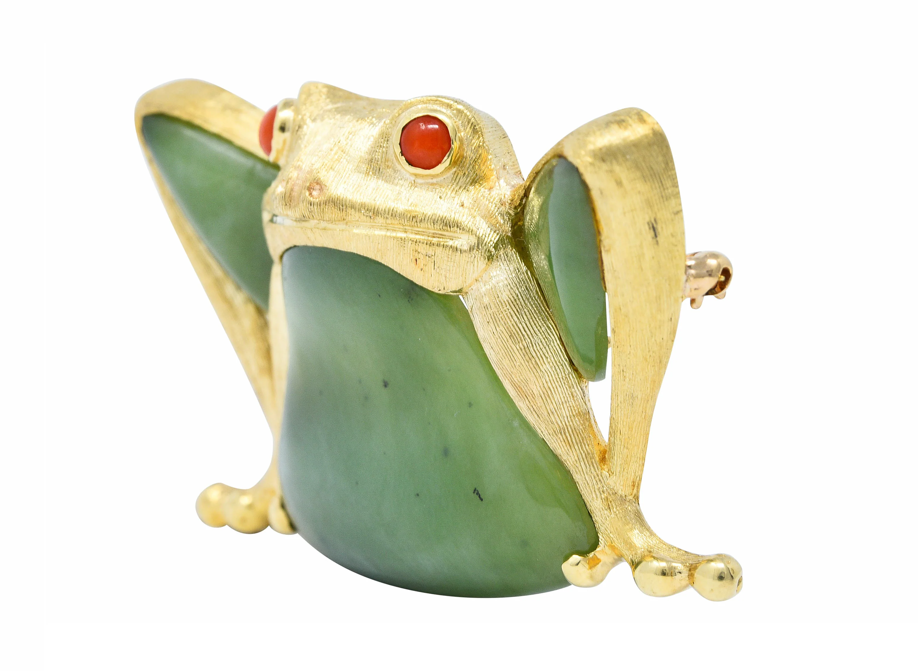 Large 1960's Vintage Jade Carnelian 14 Karat Gold Frog Brooch - Image 4