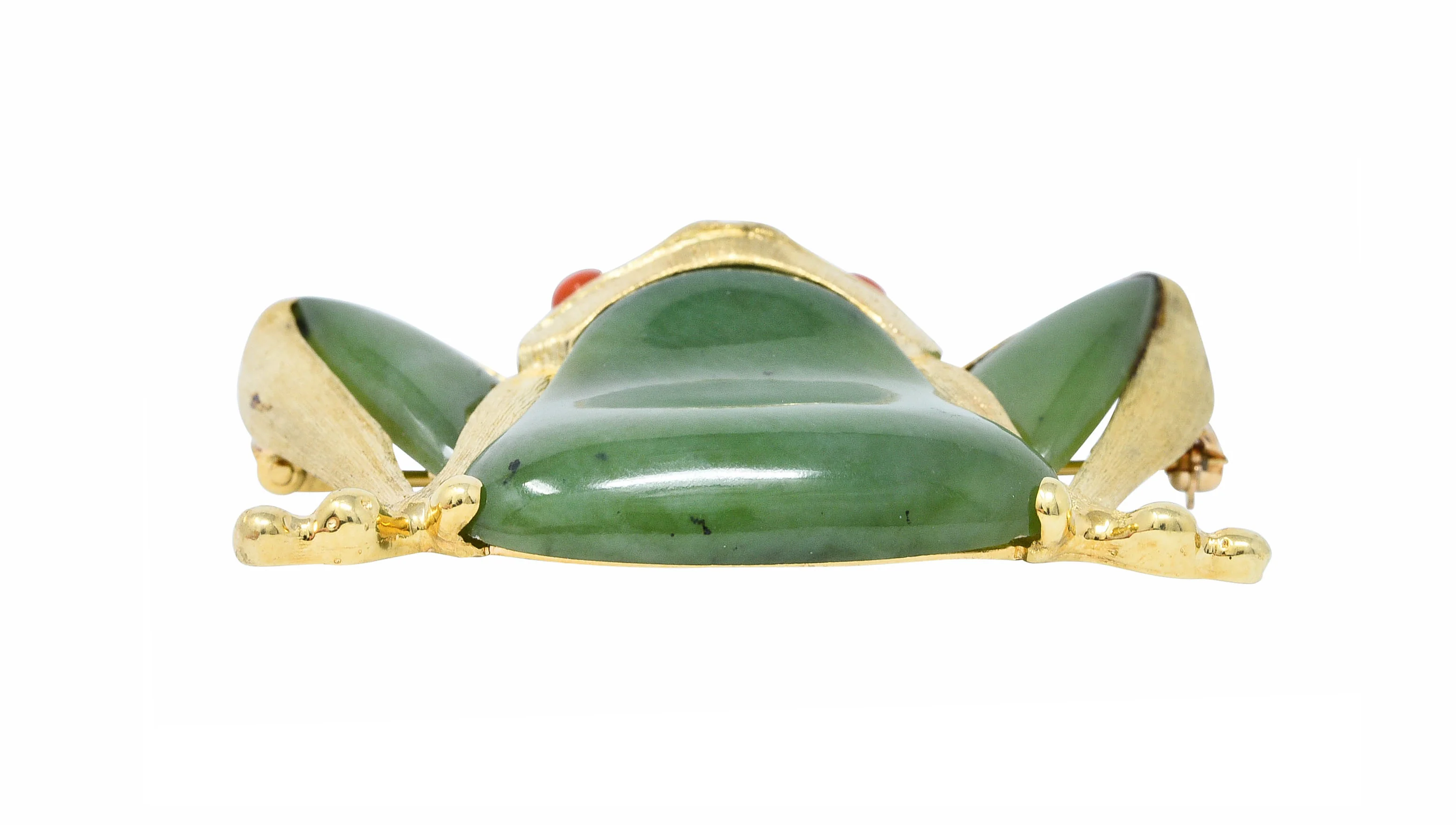 Large 1960's Vintage Jade Carnelian 14 Karat Gold Frog Brooch - Image 6