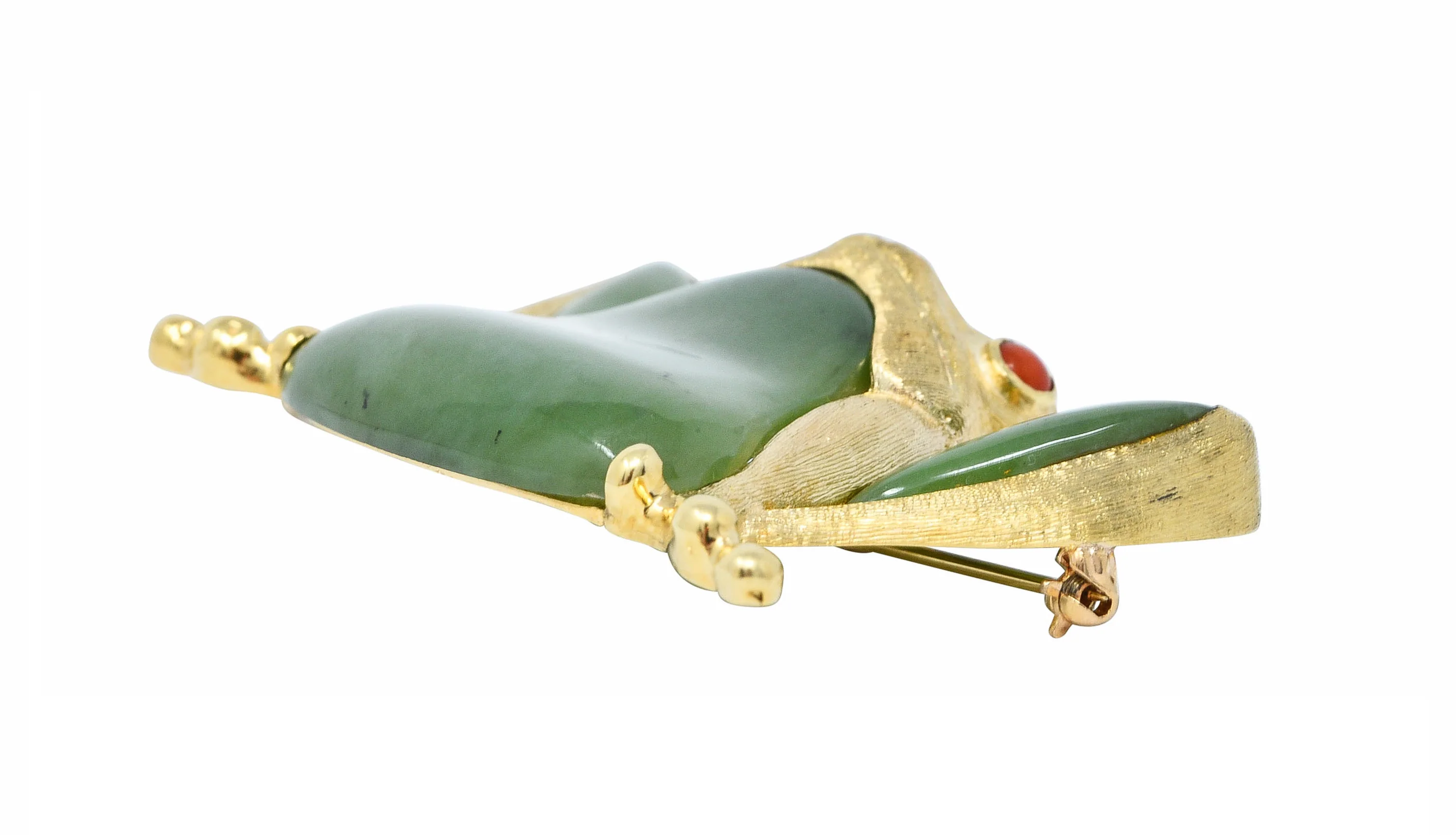 Large 1960's Vintage Jade Carnelian 14 Karat Gold Frog Brooch - Image 7