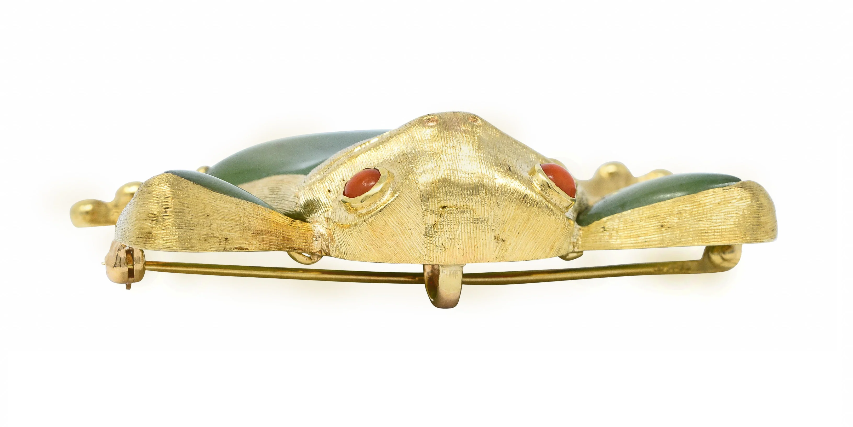 Large 1960's Vintage Jade Carnelian 14 Karat Gold Frog Brooch - Image 8