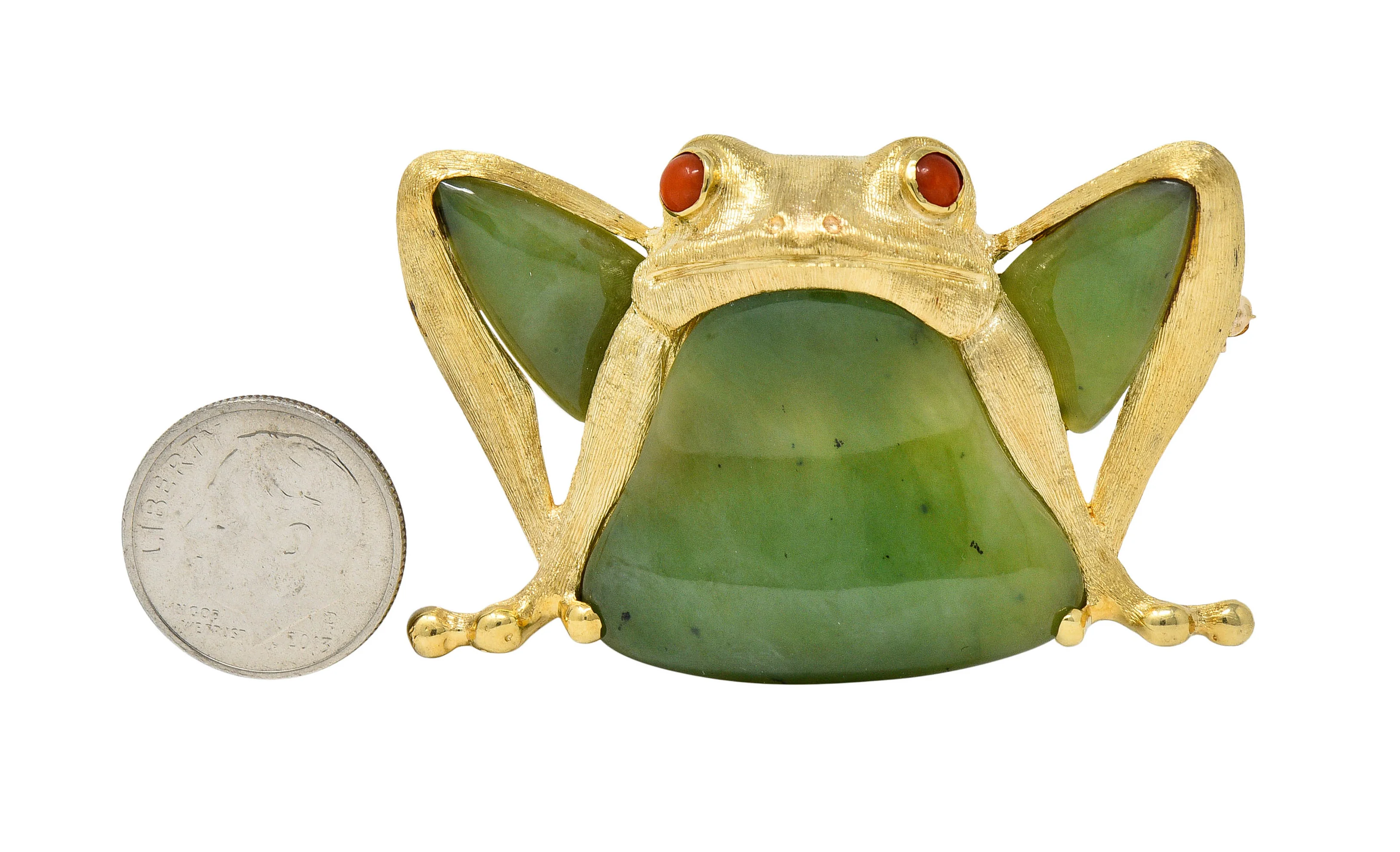Large 1960's Vintage Jade Carnelian 14 Karat Gold Frog Brooch - Image 9