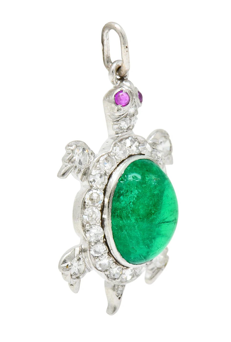Large Art Deco Emerald Diamond Ruby Platinum Cute Turtle Charm - Image 3