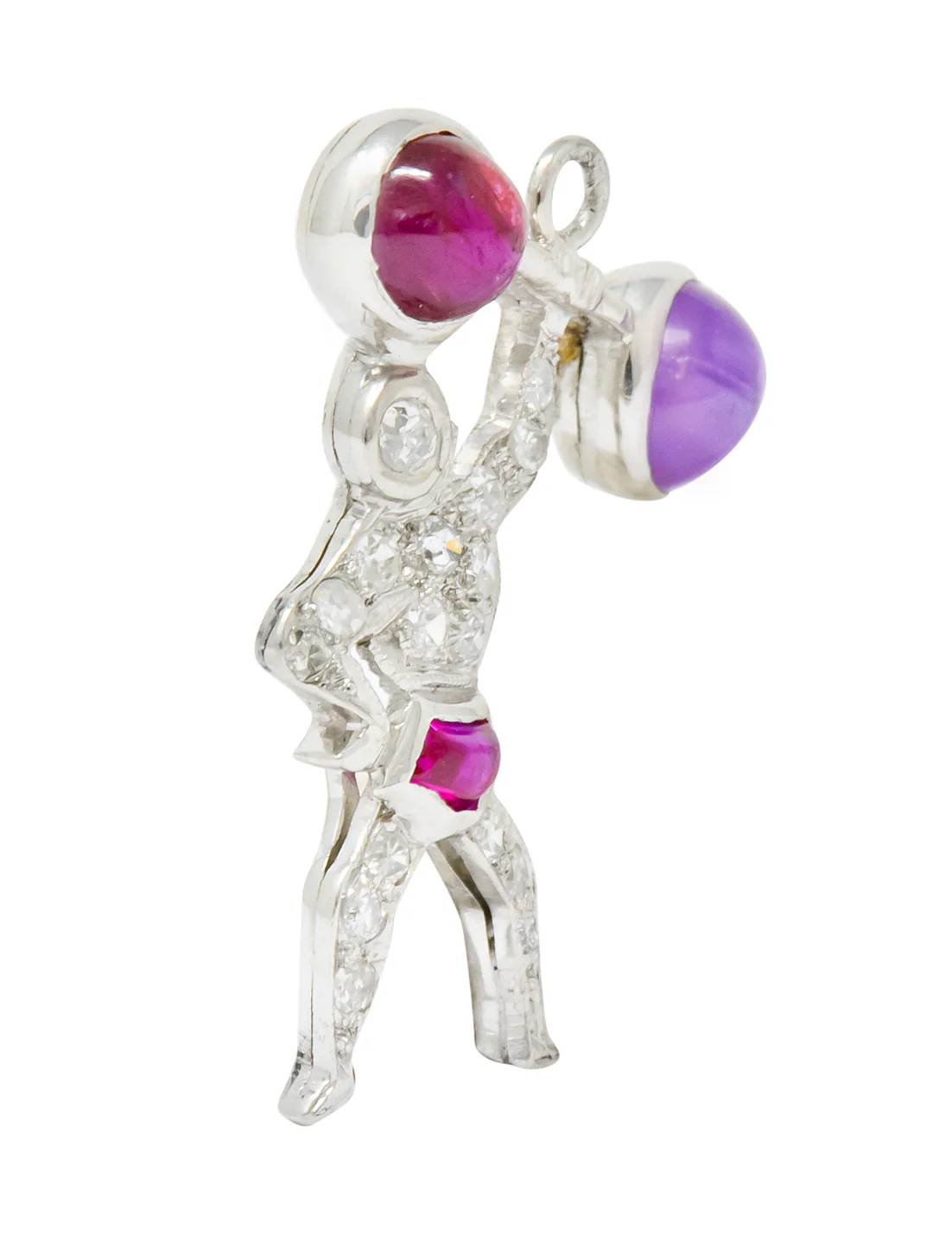Large Art Deco Ruby Cabochon Diamond Platinum Strong Man Weightlifter Charm - Image 3