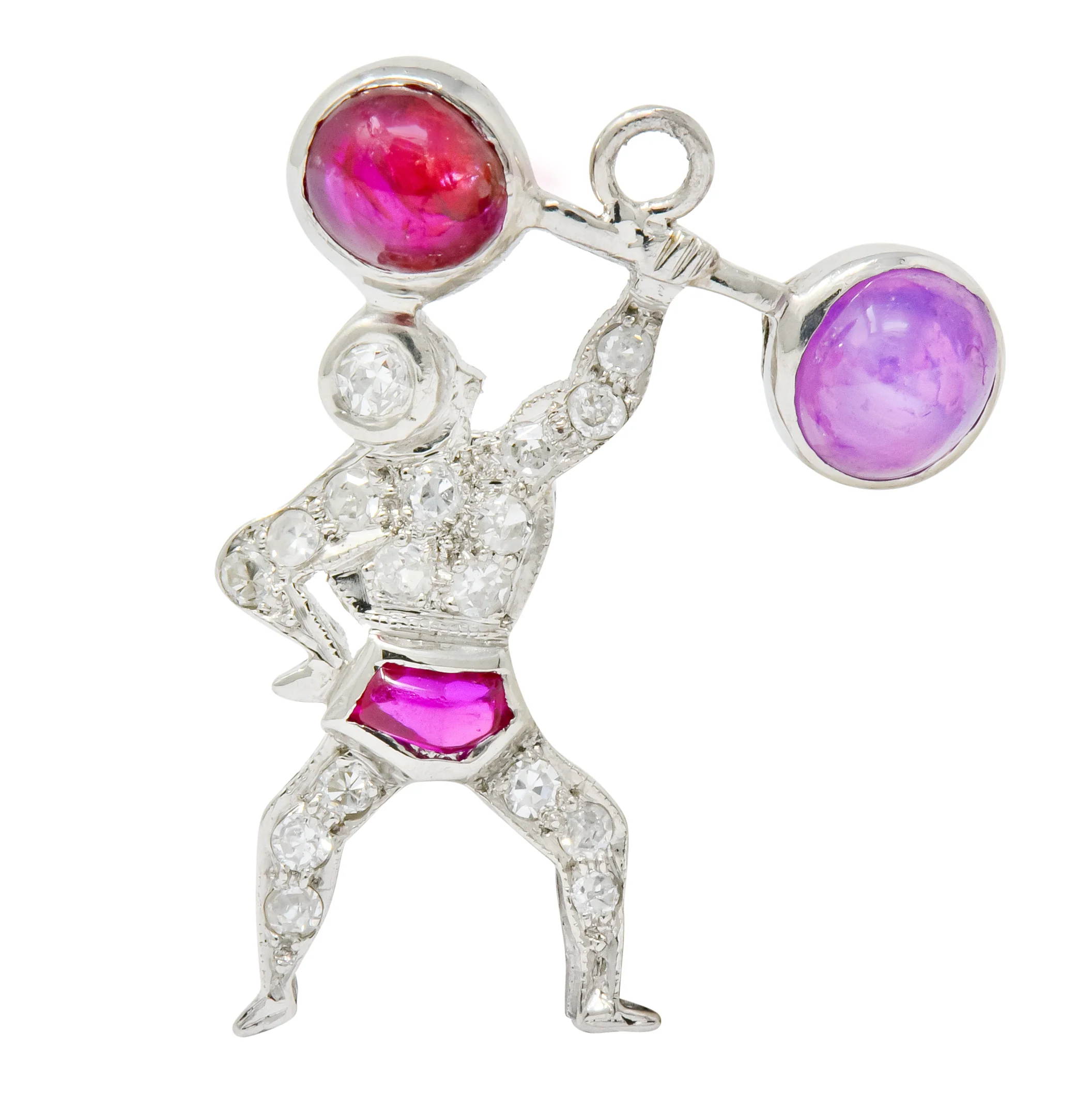 Large Art Deco Ruby Cabochon Diamond Platinum Strong Man Weightlifter Charm - Image 4