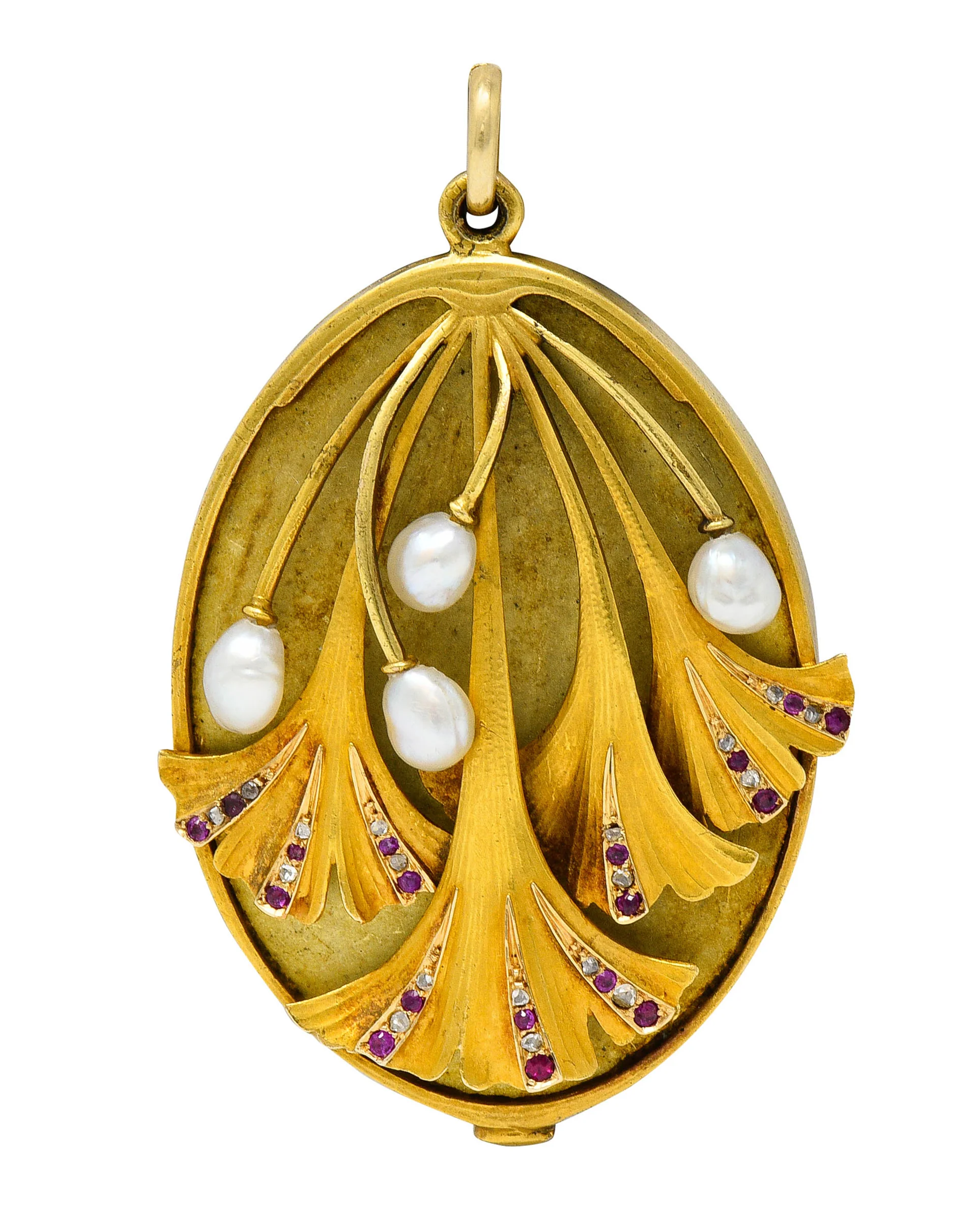 Large Art Nouveau Pearl Ruby Diamond 18 Karat Two-Tone Ginkgo Mirror Locket Pendant