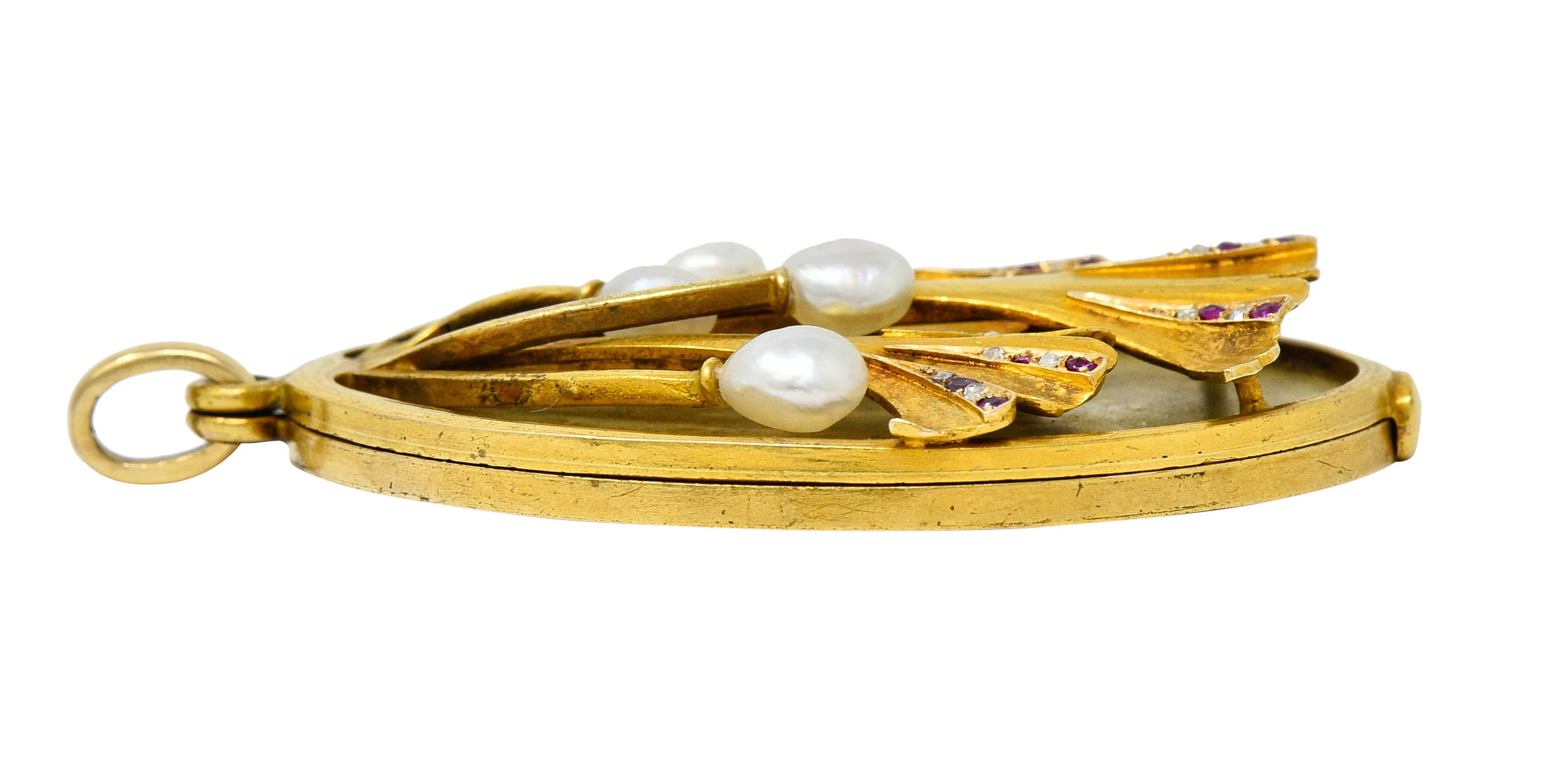 Large Art Nouveau Pearl Ruby Diamond 18 Karat Two-Tone Ginkgo Mirror Locket Pendant - Image 10