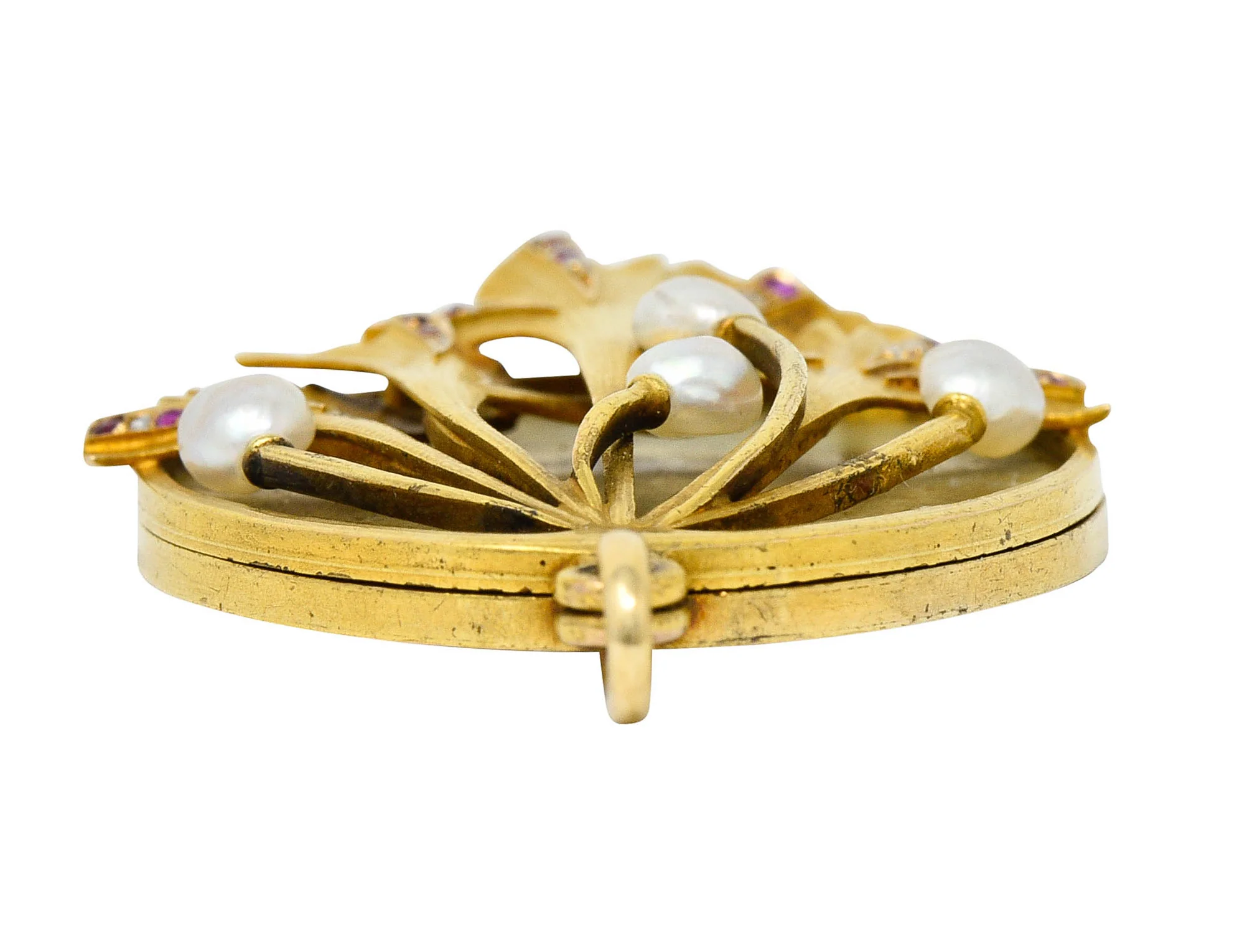 Large Art Nouveau Pearl Ruby Diamond 18 Karat Two-Tone Ginkgo Mirror Locket Pendant - Image 11