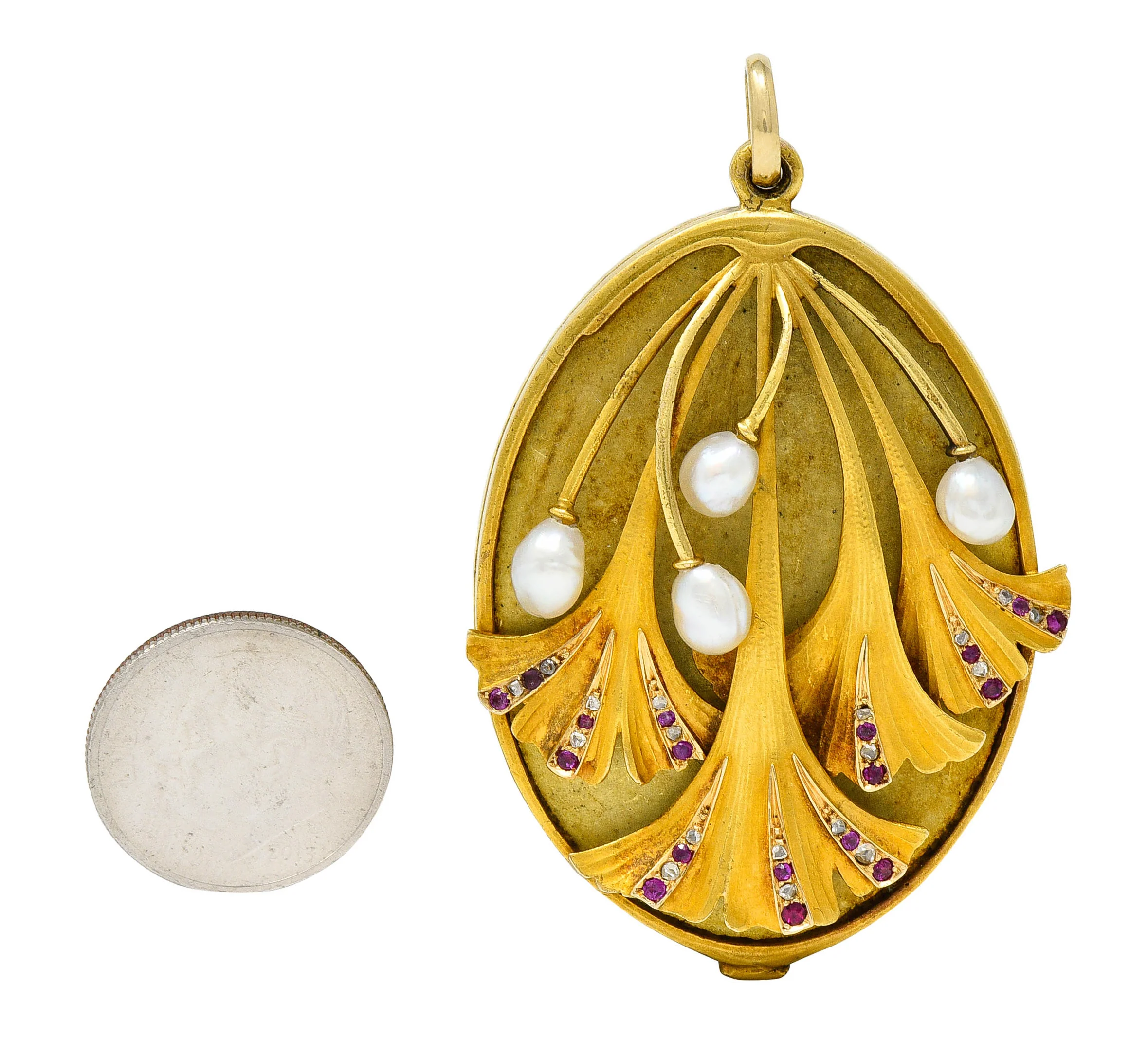 Large Art Nouveau Pearl Ruby Diamond 18 Karat Two-Tone Ginkgo Mirror Locket Pendant - Image 12