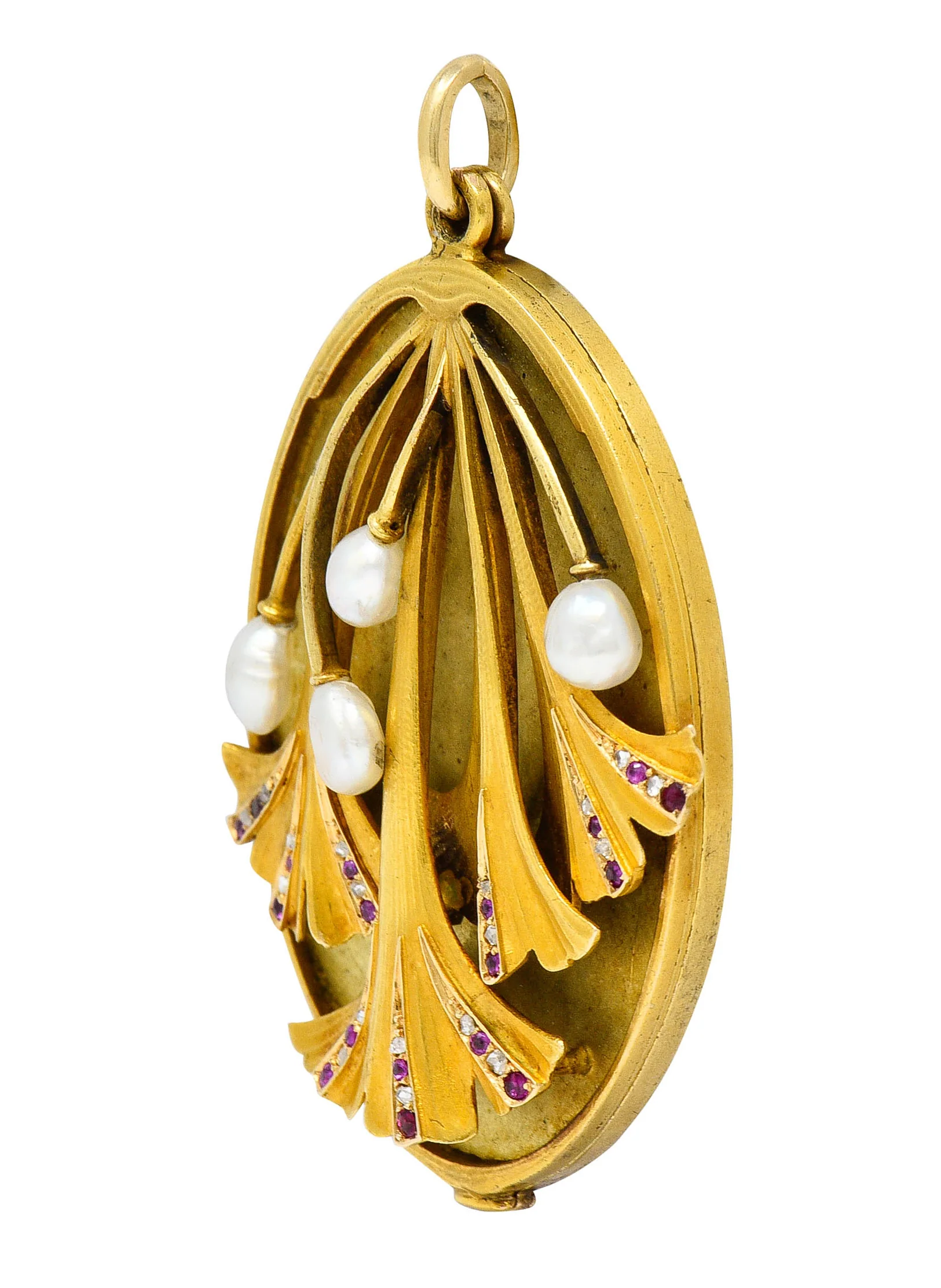 Large Art Nouveau Pearl Ruby Diamond 18 Karat Two-Tone Ginkgo Mirror Locket Pendant - Image 6