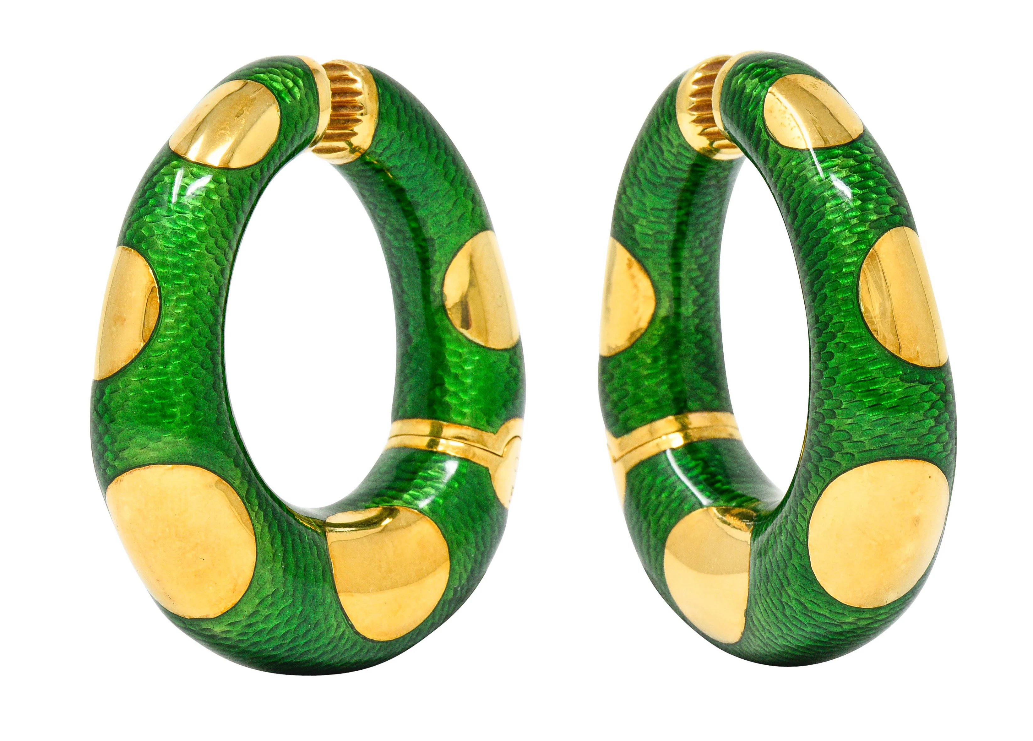 Large Bulgari 1970's Vintage Enamel 18 Karat Gold Hoop Ear-Clip Earrings
