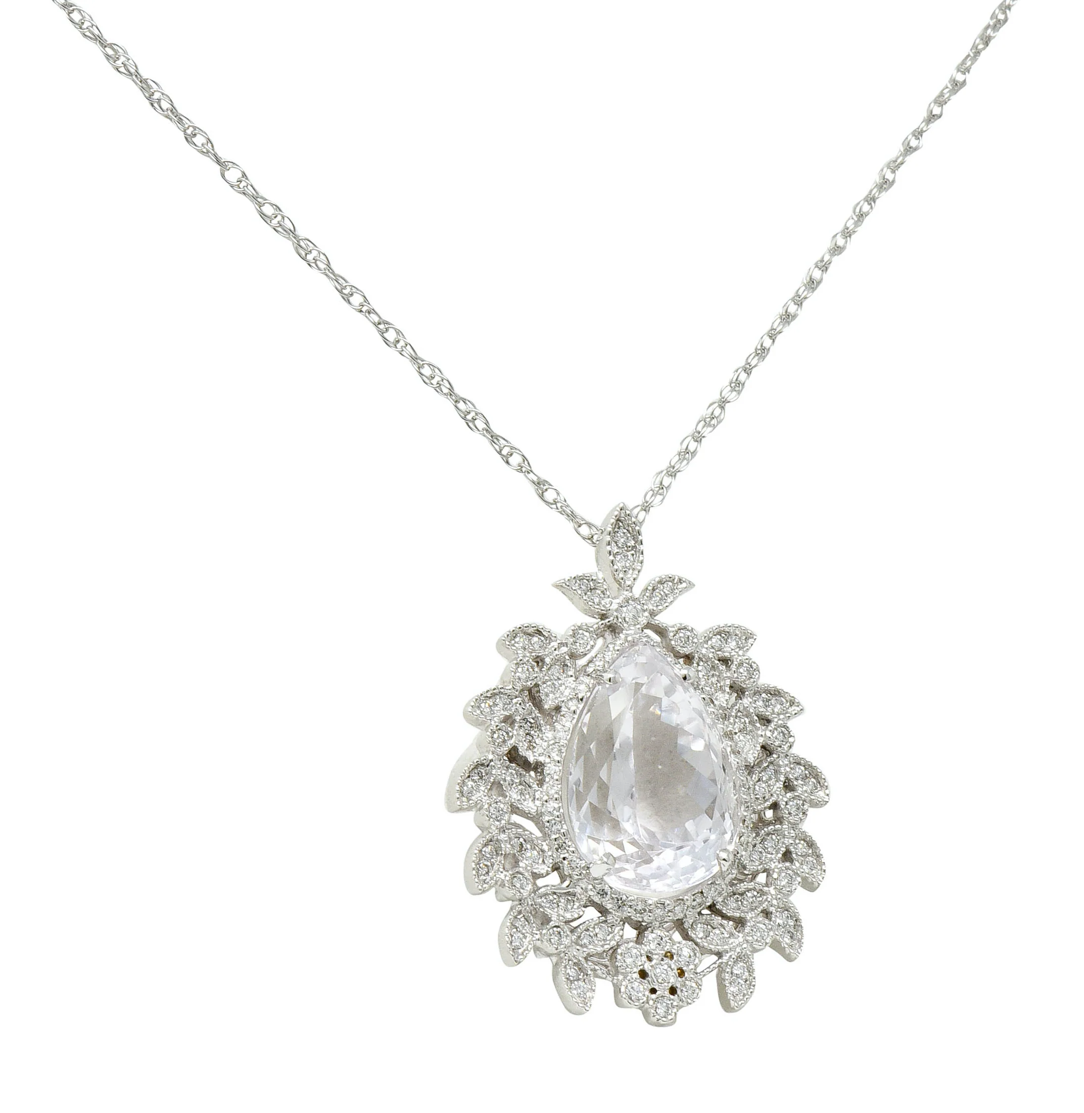 Large Kunzite Diamond 18 Karat White Gold Foliate Cluster Pendant Necklace - Image 4