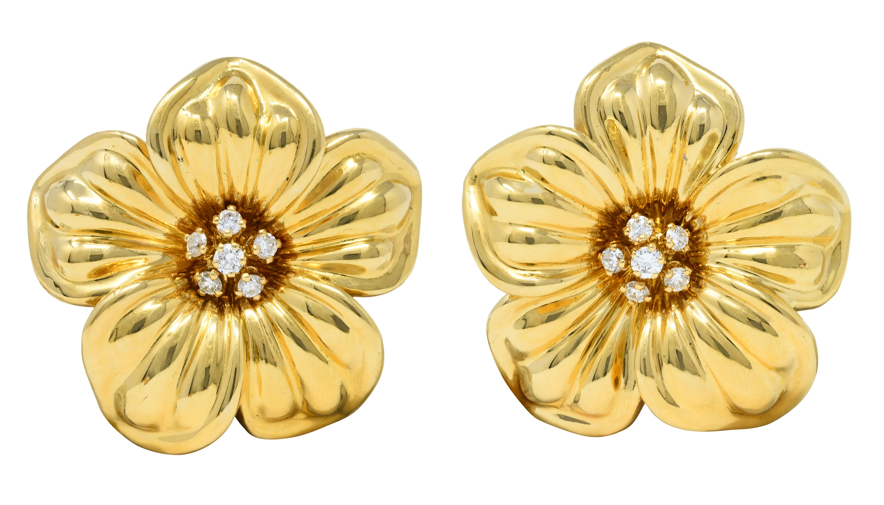 Large Van Cleef & Arpels French Diamond 18 Karat Gold Magnolia Ear-Clip Earrings