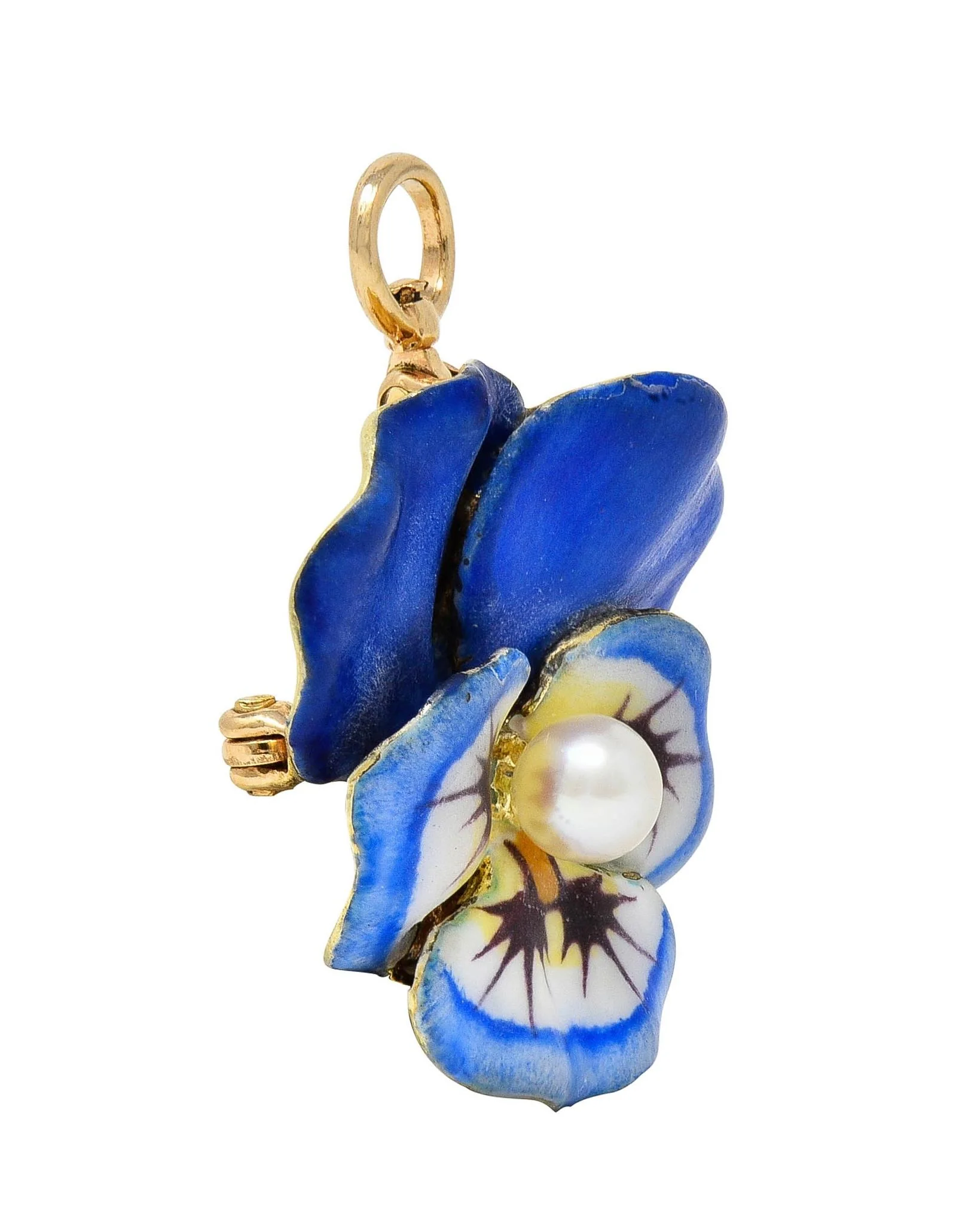 Larter & Son Art Nouveau Enamel Pearl 14 Karat Gold Antique Pansy Flower Pendant Brooch - Image 6