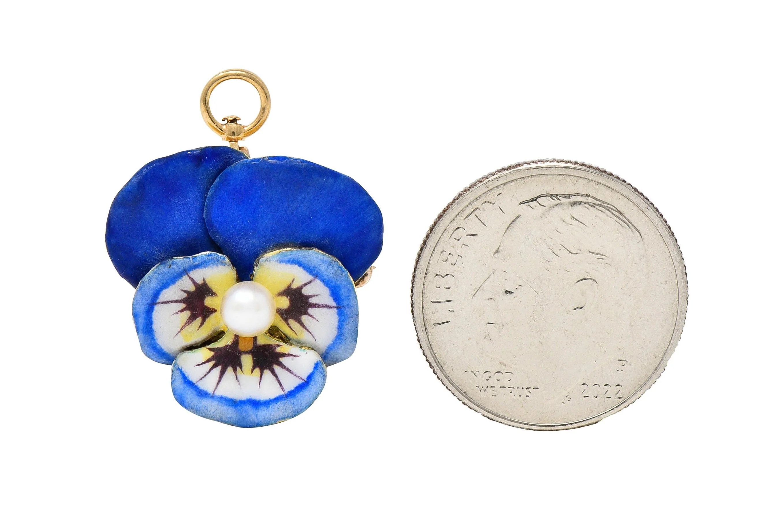 Larter & Son Art Nouveau Enamel Pearl 14 Karat Gold Antique Pansy Flower Pendant Brooch - Image 8