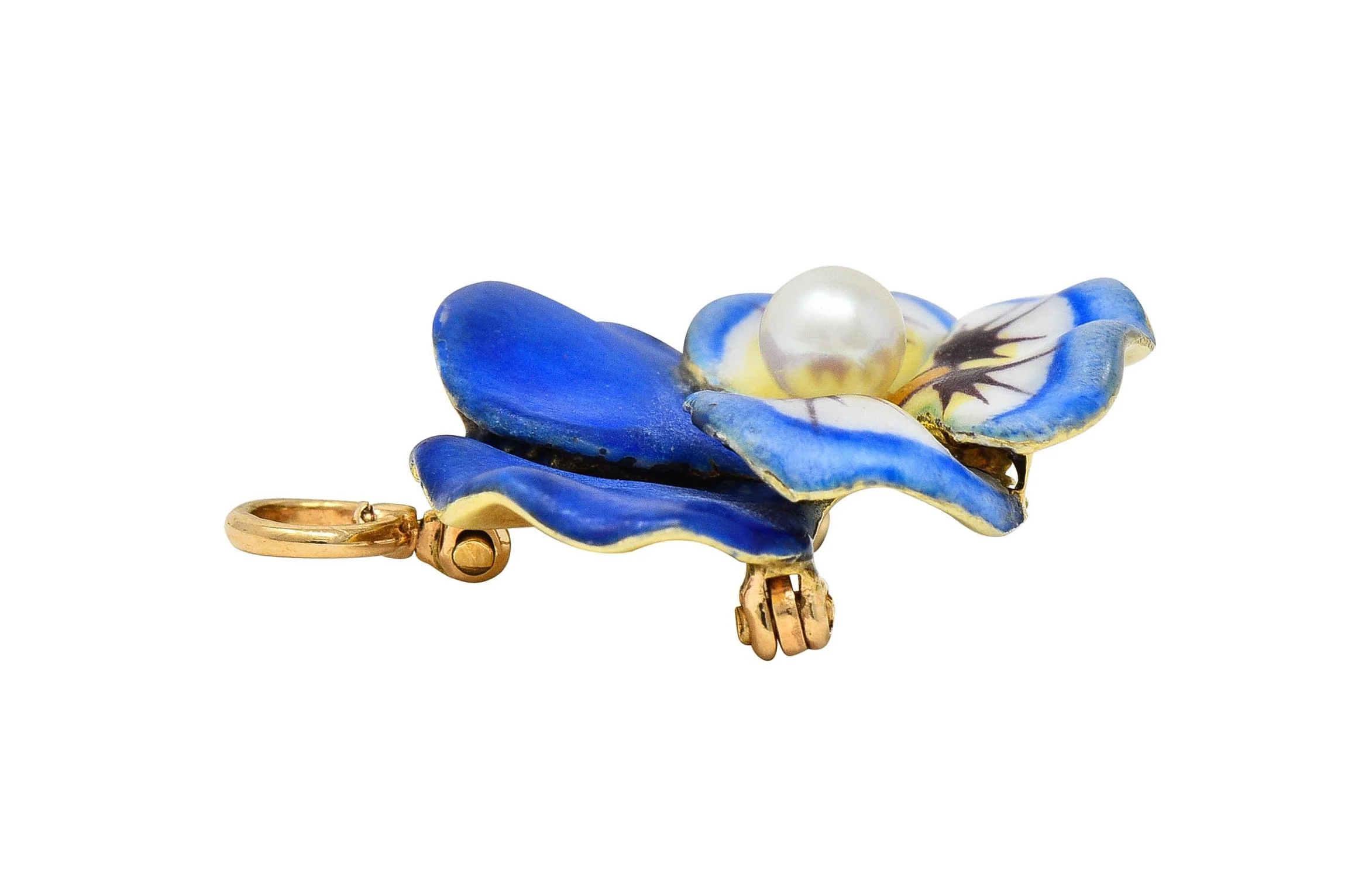 Larter & Son Art Nouveau Enamel Pearl 14 Karat Gold Antique Pansy Flower Pendant Brooch - Image 9