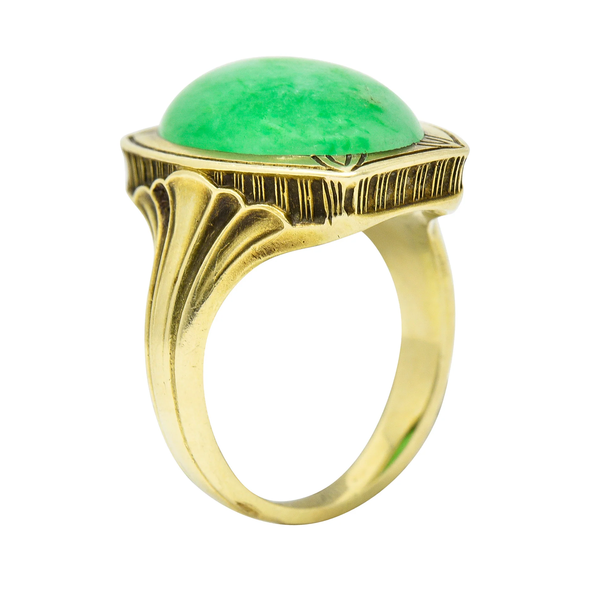 Larter & Sons Art Deco Jadeite Jade Cabochon 14 Karat Gold Lotus Ring - Image 9