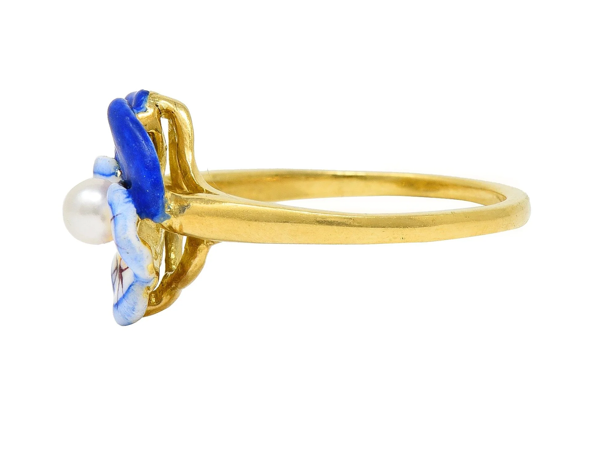 Larter & Sons Art Nouveau Pearl Enamel 18 Karat Yellow Gold Pansy Ring - Image 5
