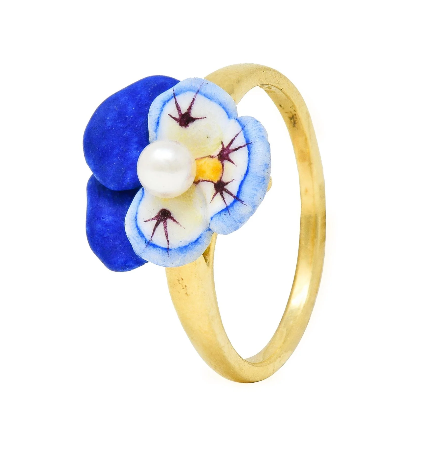 Larter & Sons Art Nouveau Pearl Enamel 18 Karat Yellow Gold Pansy Ring - Image 8