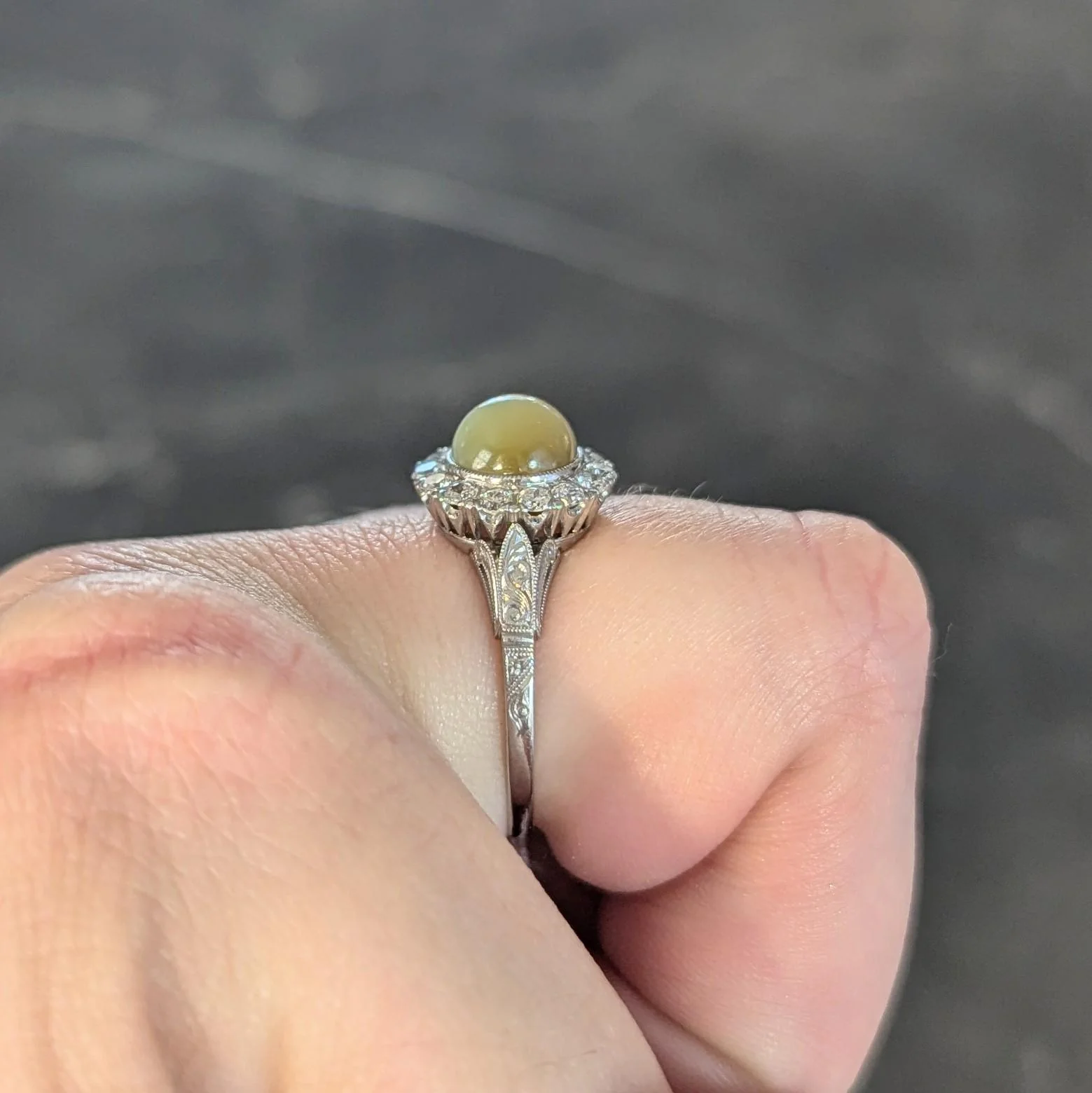 Late Art Deco 0.42 CTW Diamond Cat's Eye Chrysoberyl Platinum Vintage Halo Ring - Image 14