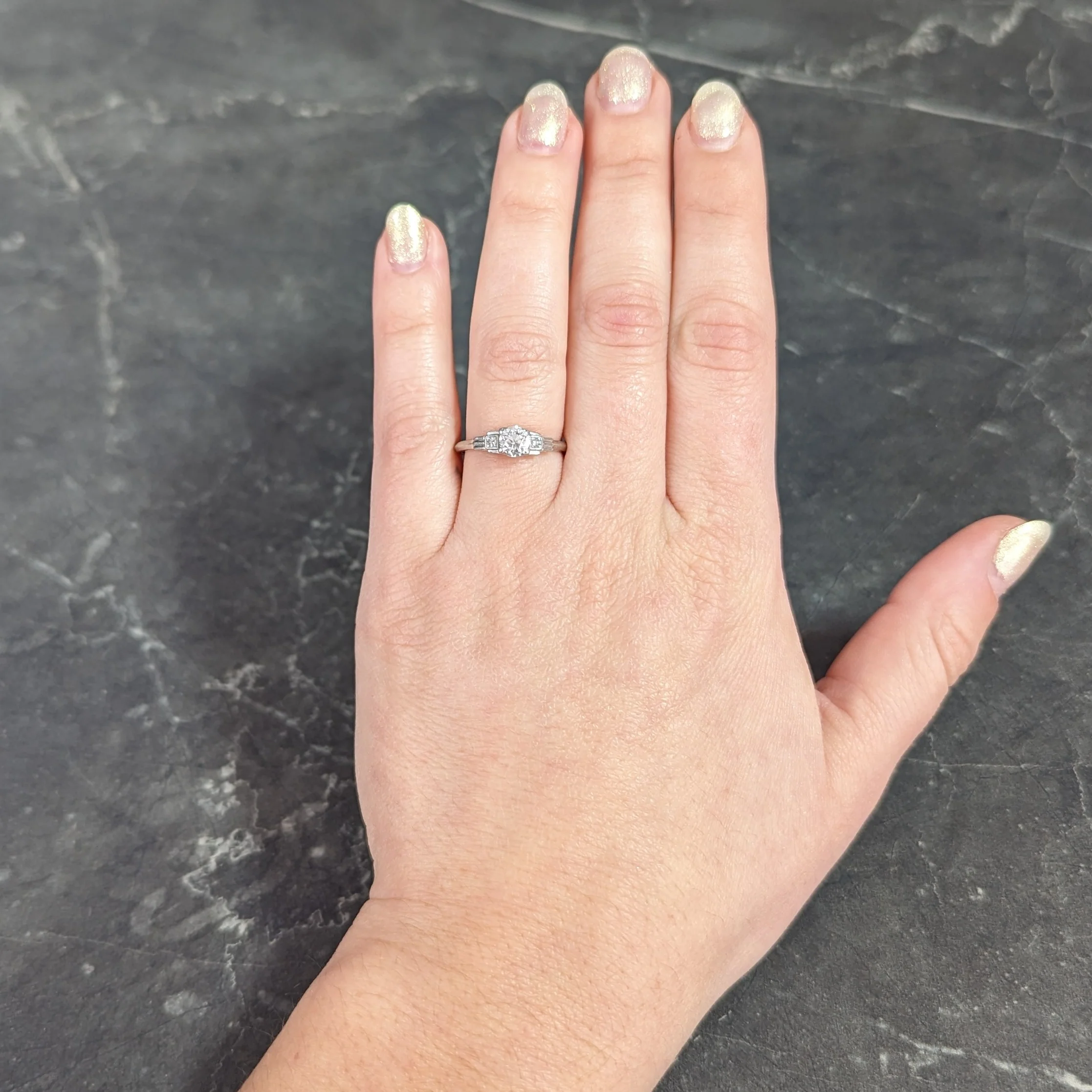 Late Art Deco 0.50 CTW Old European Cut Diamond Platinum Stepped Vintage Engagement Ring - Image 10