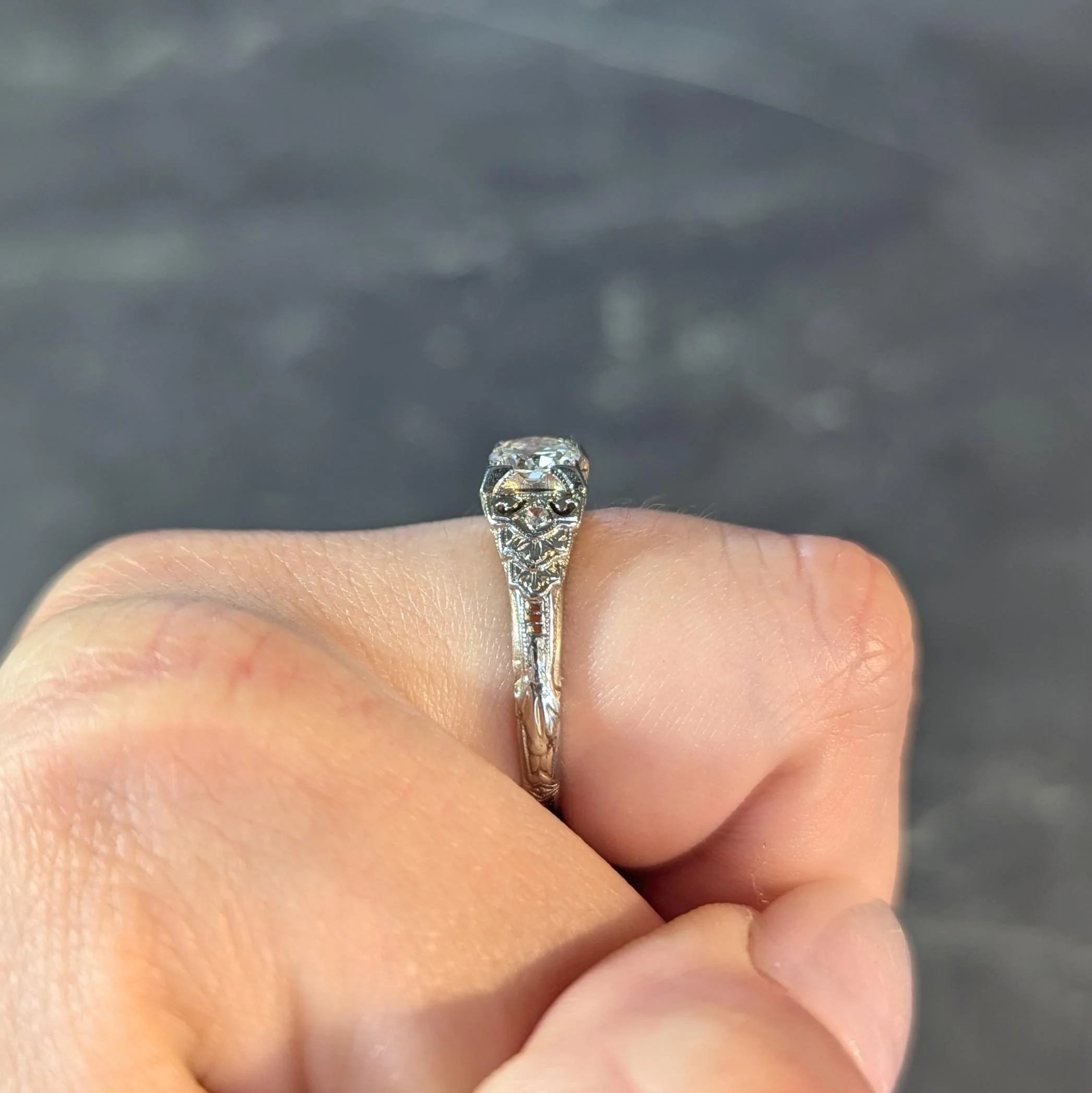 Late Art Deco 0.70 CTW European Cut Diamond 18 Karat White Gold Vintage Lotus Engagement Ring - Image 11