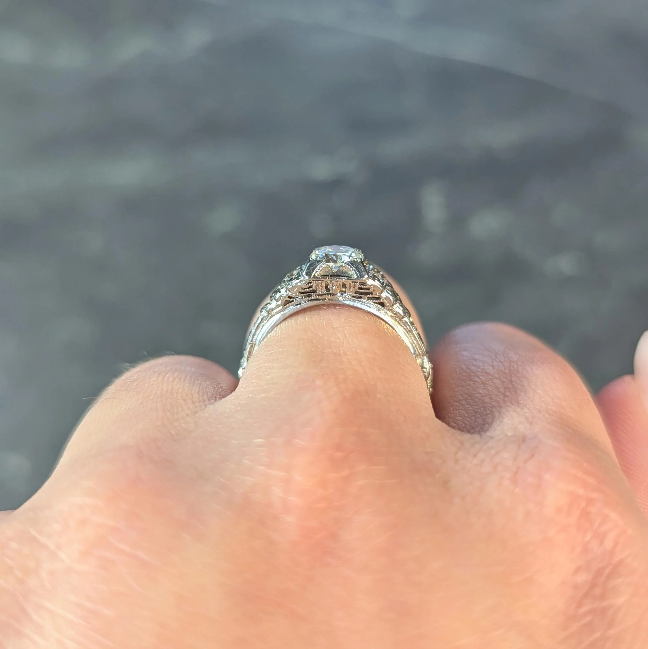 Late Art Deco 0.70 CTW European Cut Diamond 18 Karat White Gold Vintage Lotus Engagement Ring - Image 12