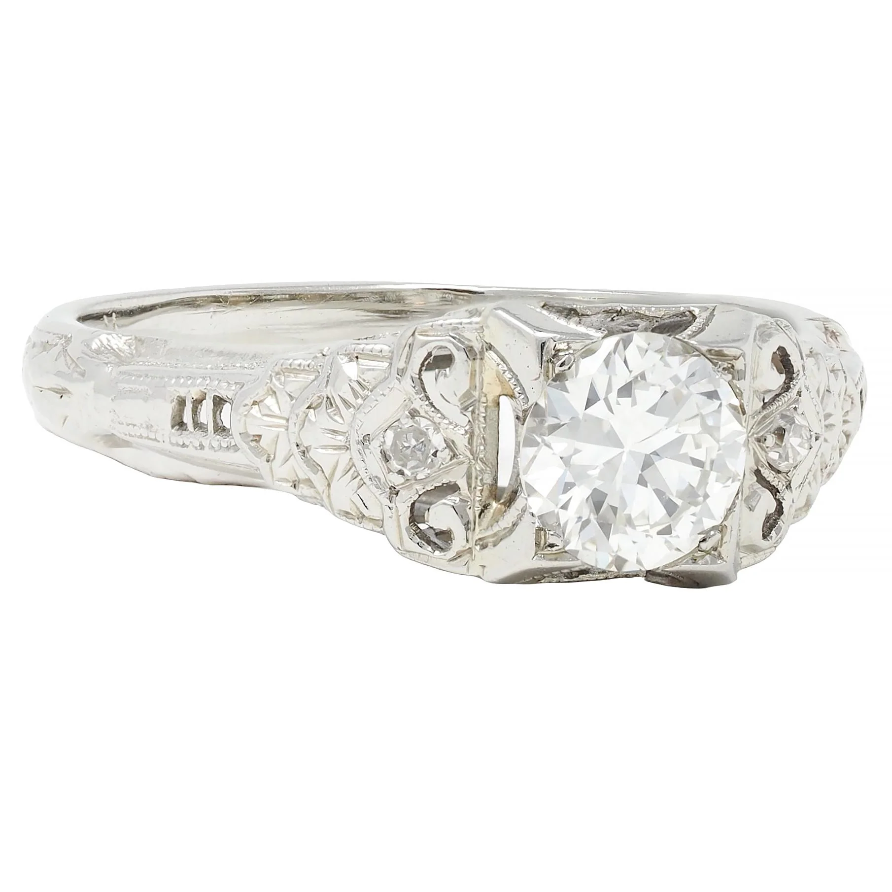 Late Art Deco 0.70 CTW European Cut Diamond 18 Karat White Gold Vintage Lotus Engagement Ring - Image 2
